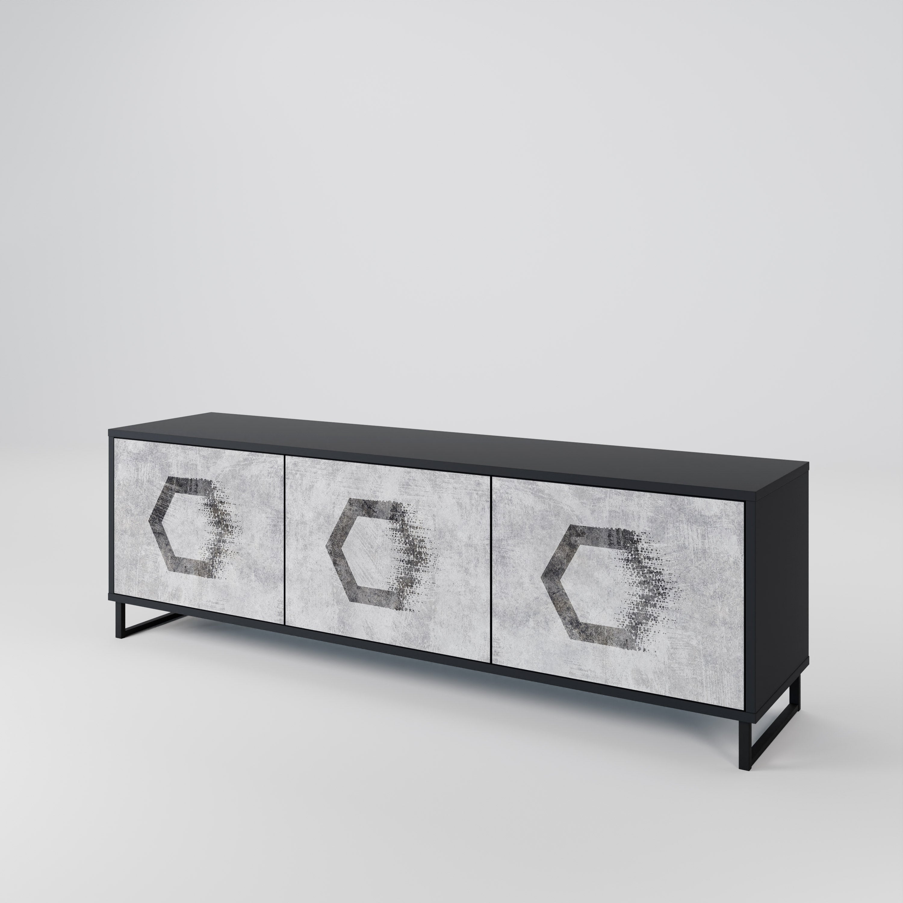 Mueble de TV de 3 puertas con figuras hexagonales en acabado negro