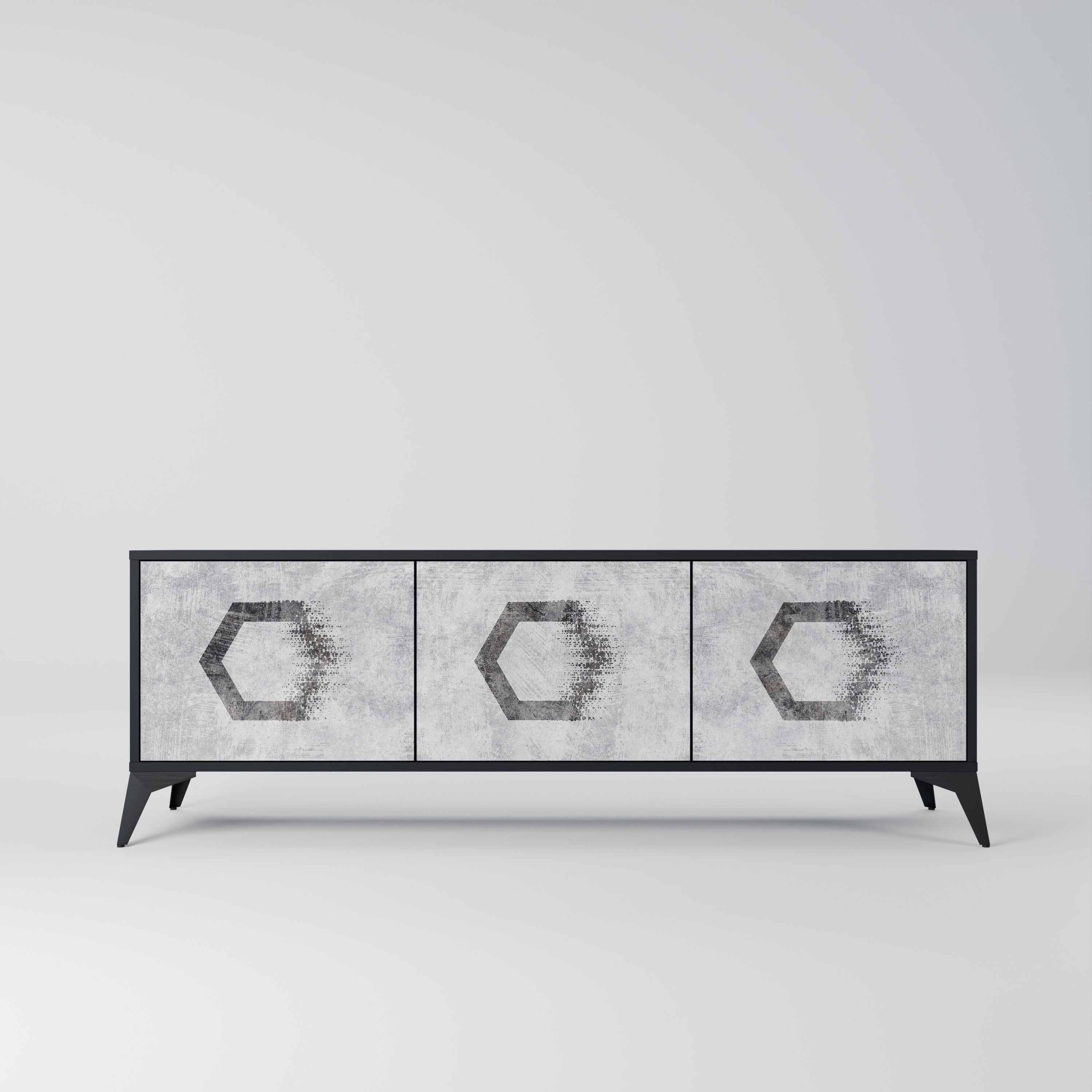 Mueble de TV de 3 puertas con figuras hexagonales en acabado negro