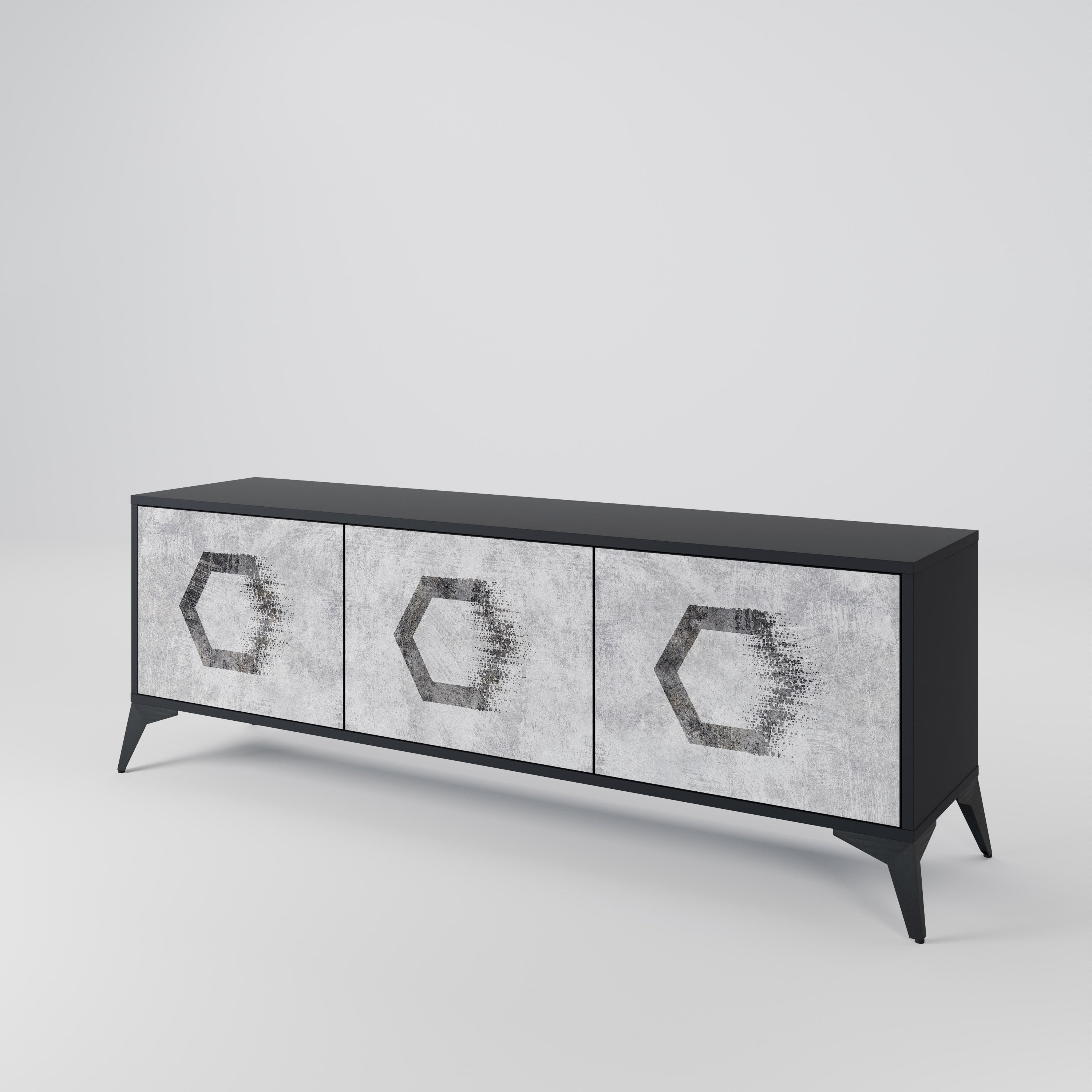 Mueble de TV de 3 puertas con figuras hexagonales en acabado negro