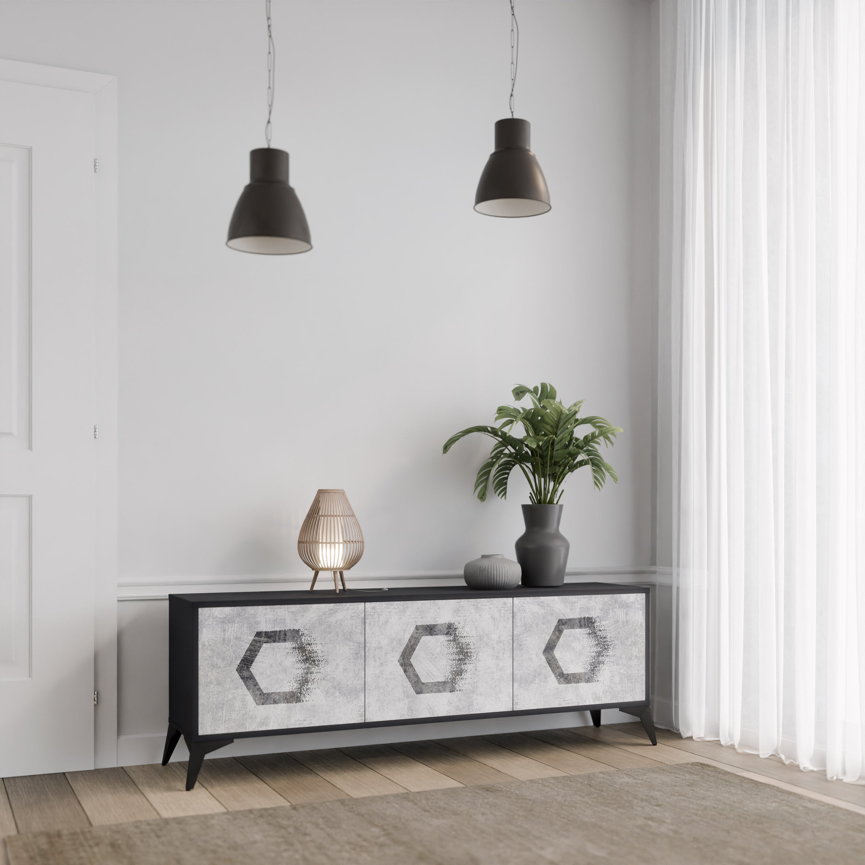 Mueble de TV de 3 puertas con figuras hexagonales en acabado negro