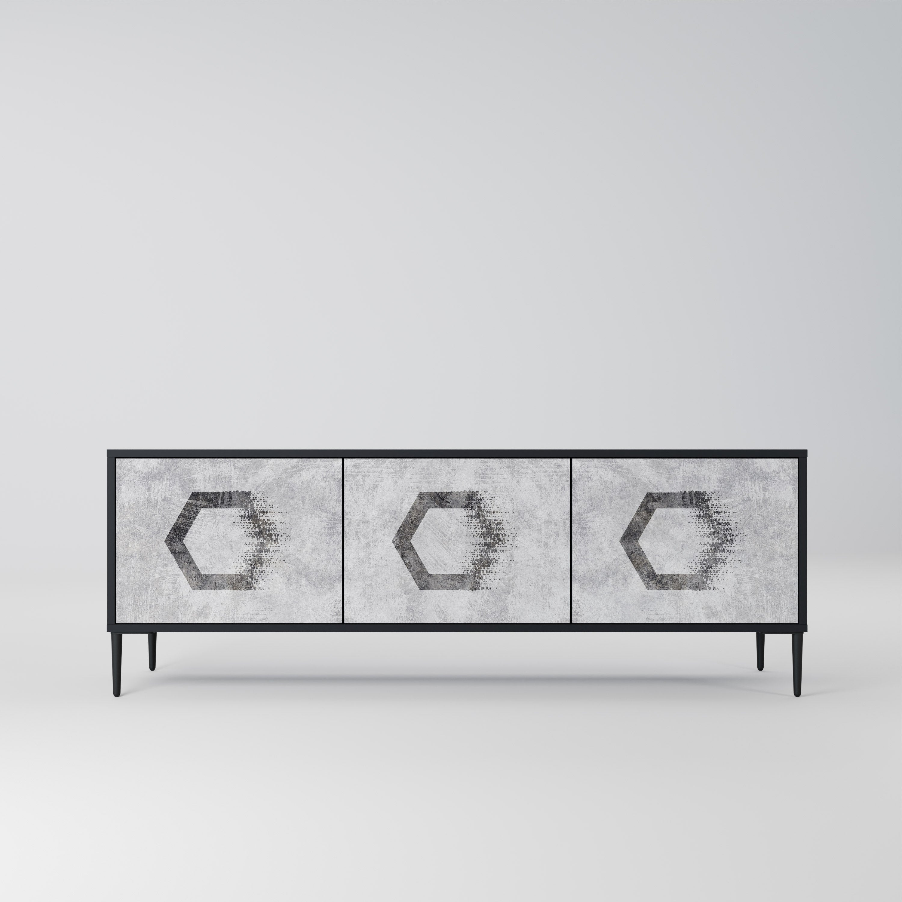 Mueble de TV de 3 puertas con figuras hexagonales en acabado negro