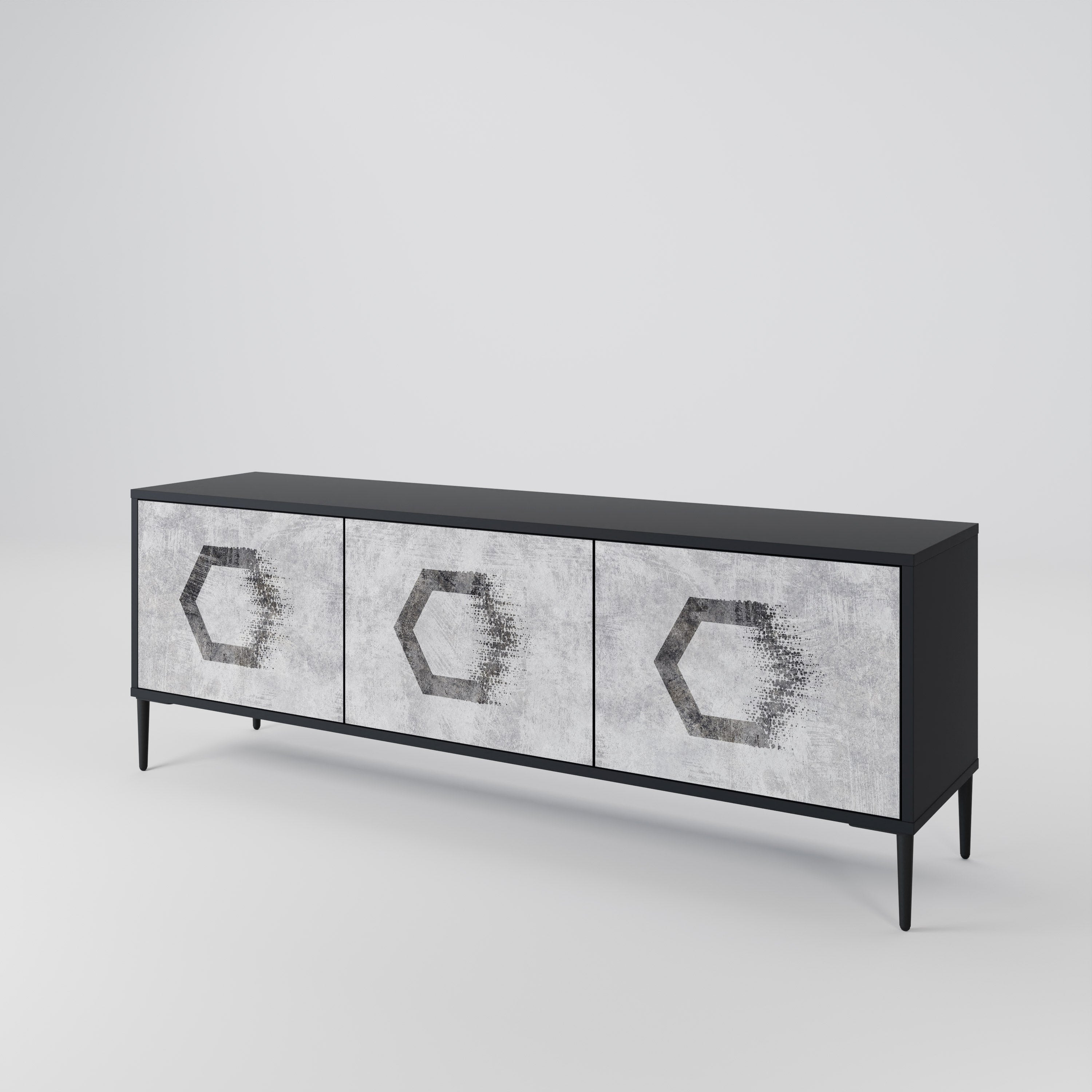 Mueble de TV de 3 puertas con figuras hexagonales en acabado negro