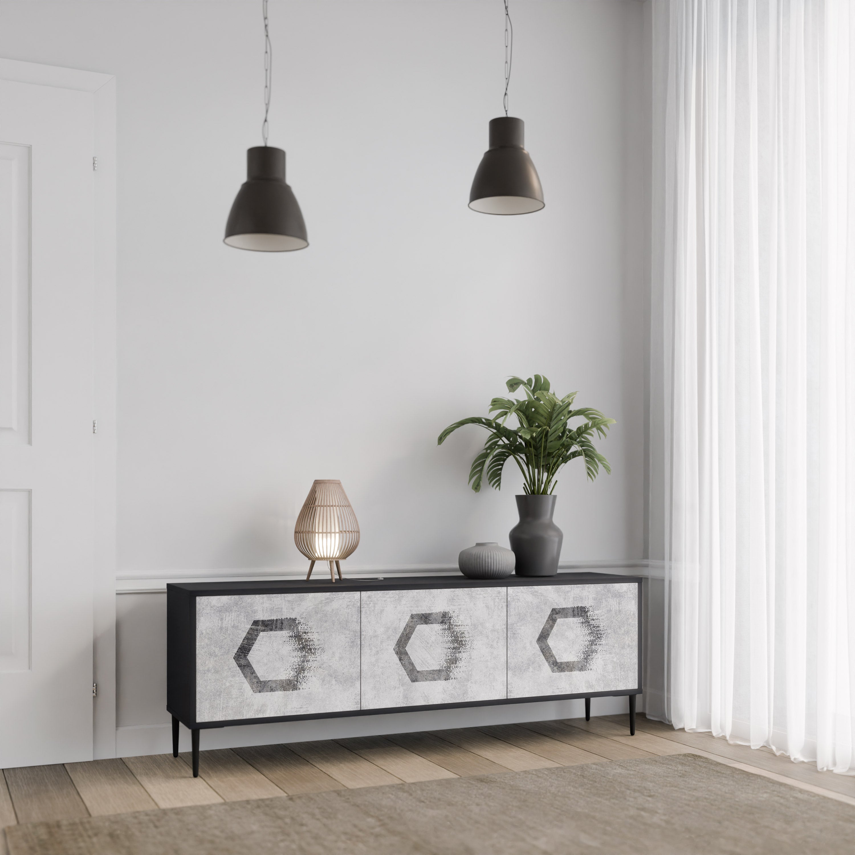 Mueble de TV de 3 puertas con figuras hexagonales en acabado negro