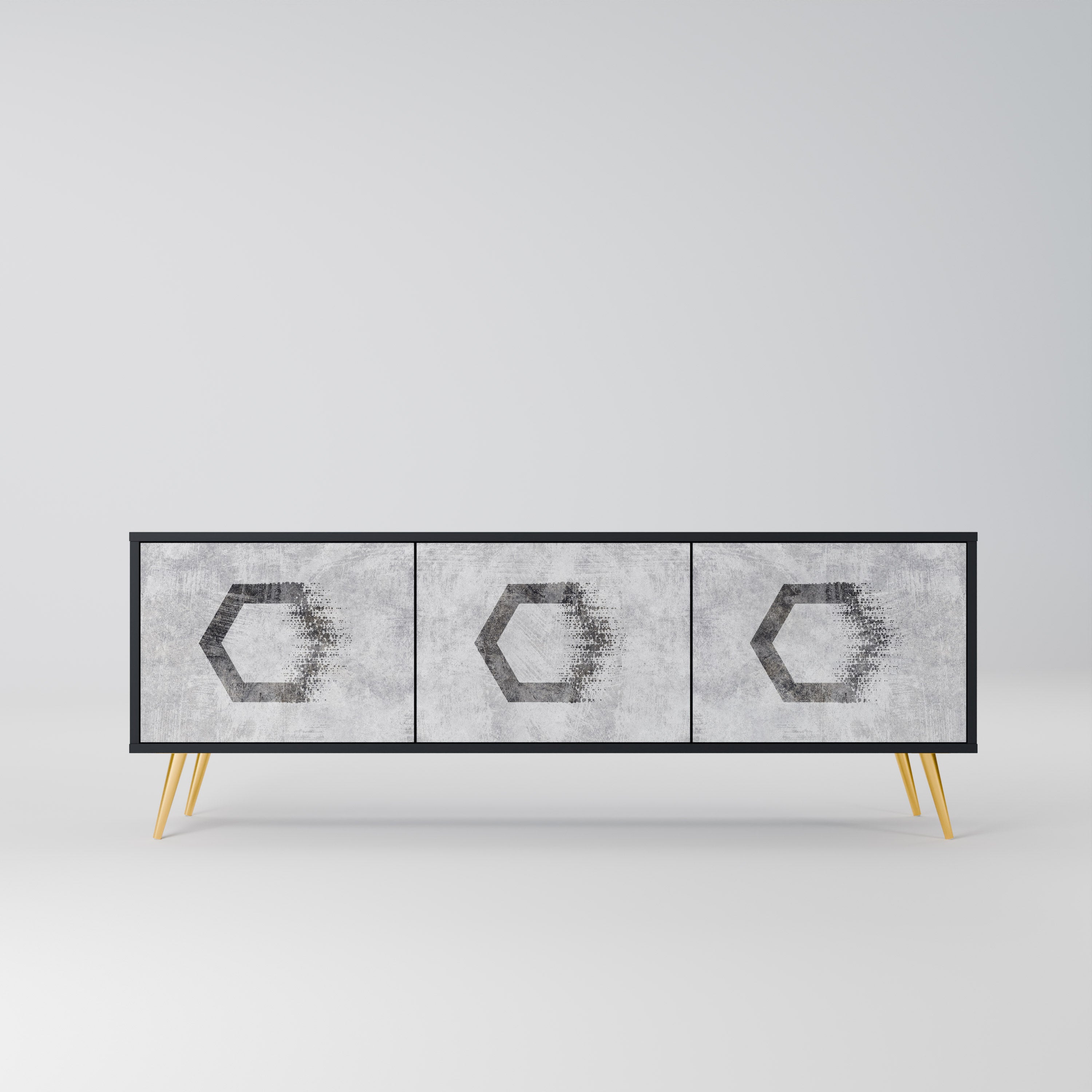 Mueble de TV de 3 puertas con figuras hexagonales en acabado negro