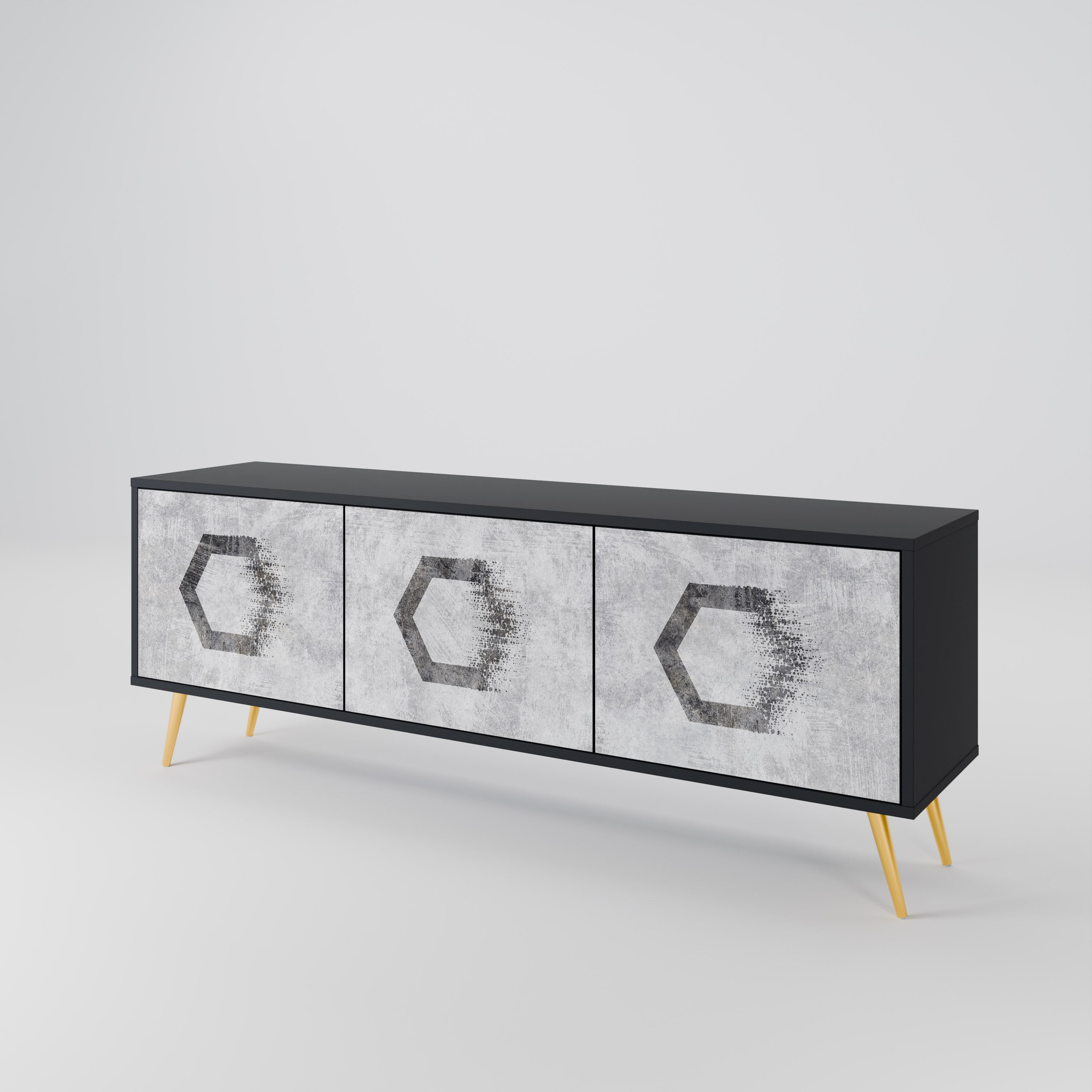 Mueble de TV de 3 puertas con figuras hexagonales en acabado negro