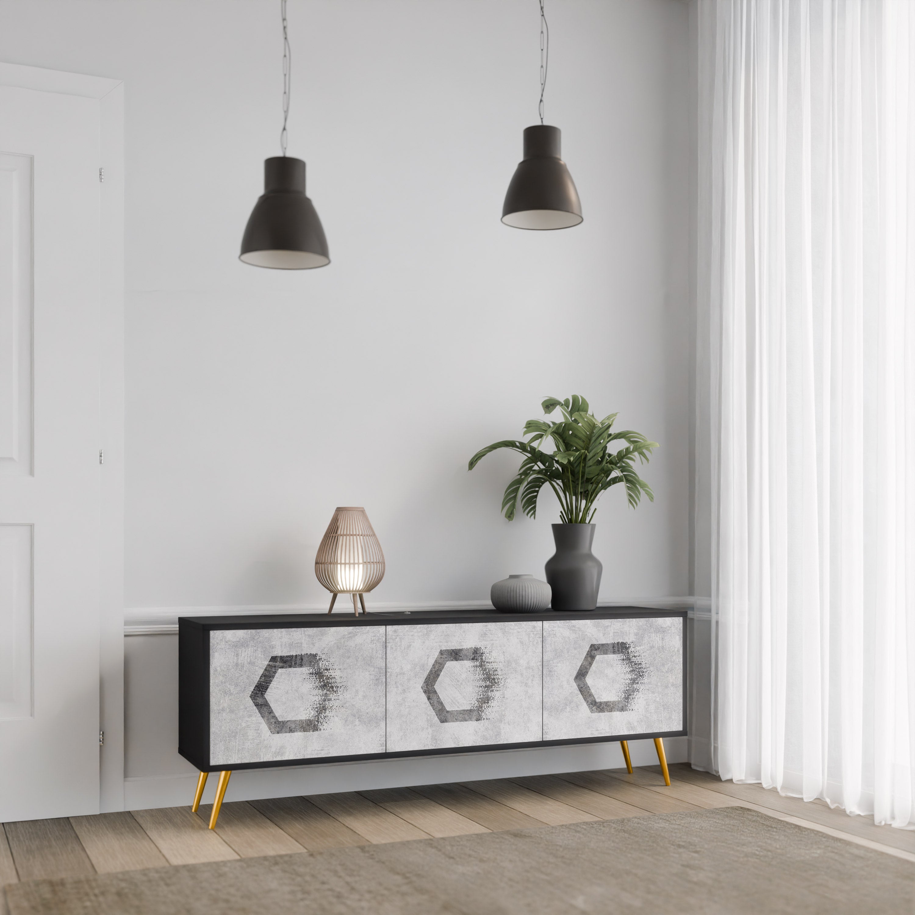 Mueble de TV de 3 puertas con figuras hexagonales en acabado negro