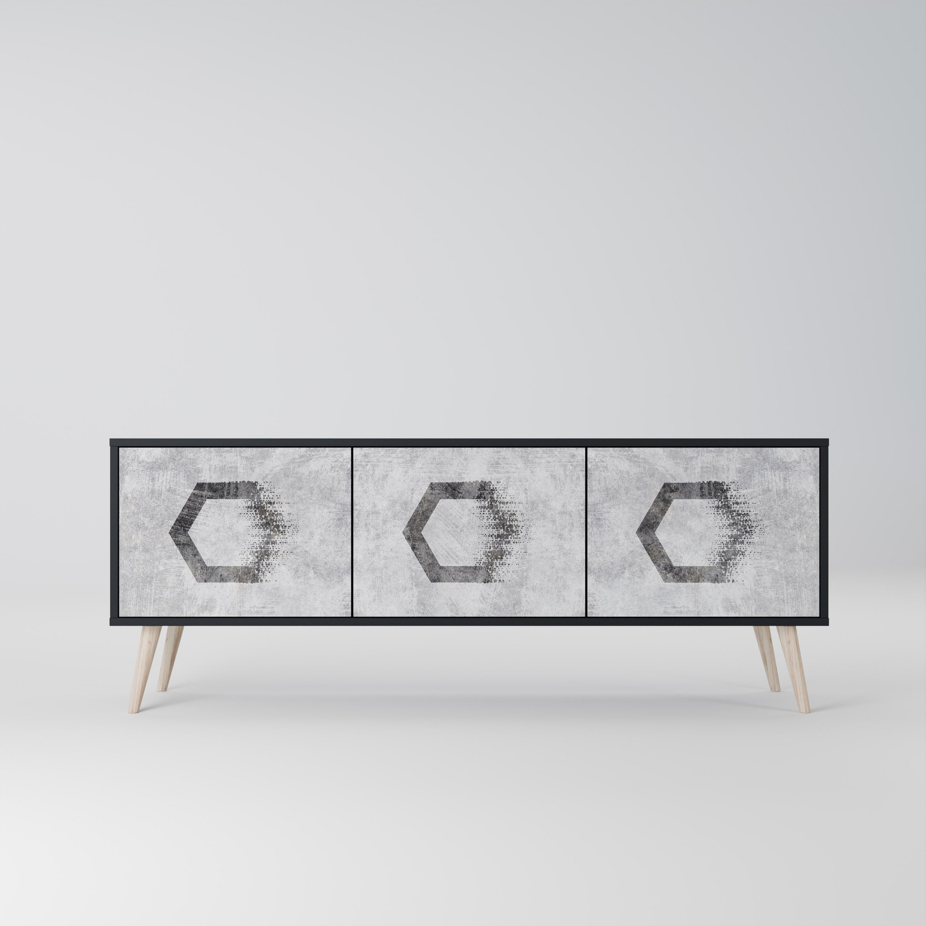 Mueble de TV de 3 puertas con figuras hexagonales en acabado negro