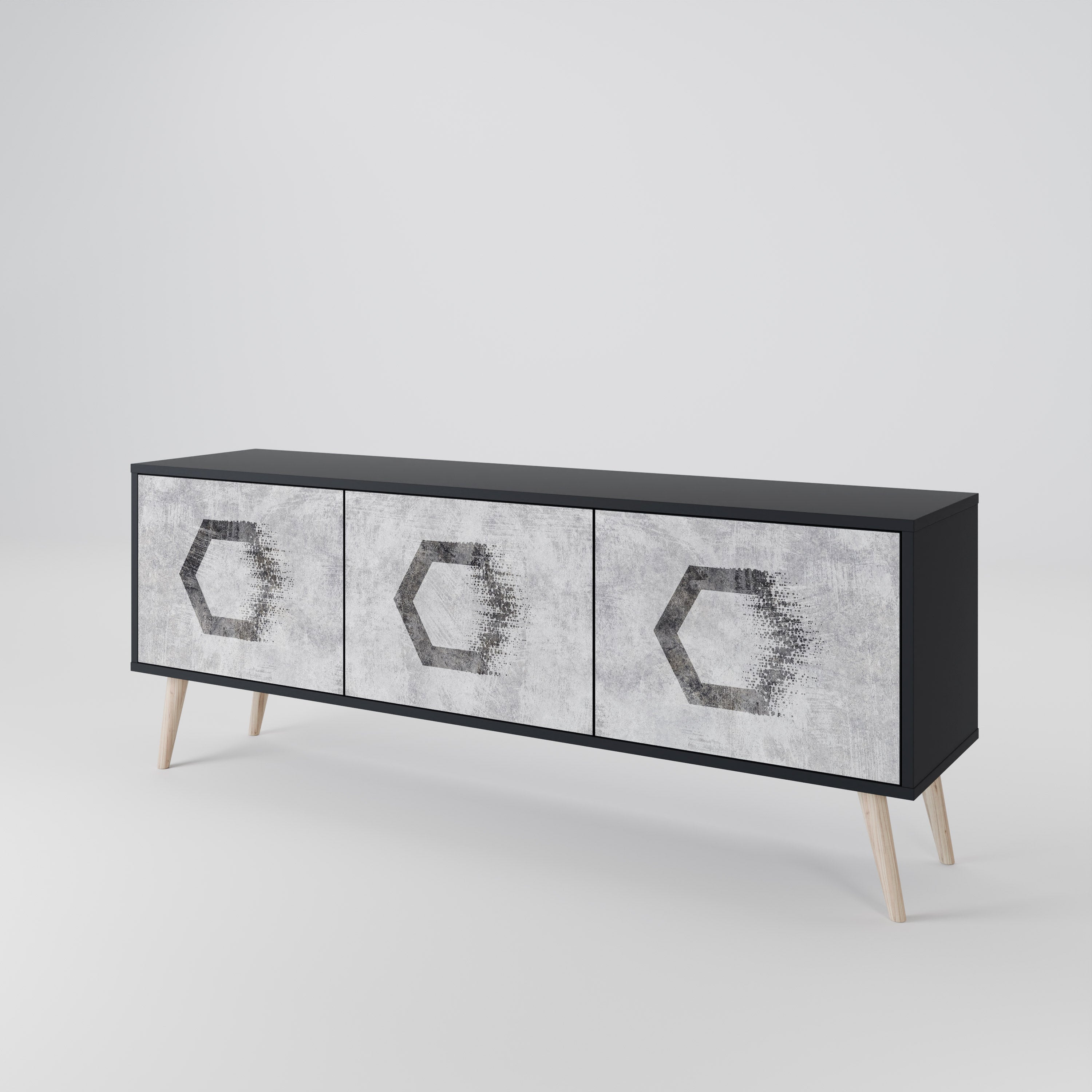 Mueble de TV de 3 puertas con figuras hexagonales en acabado negro