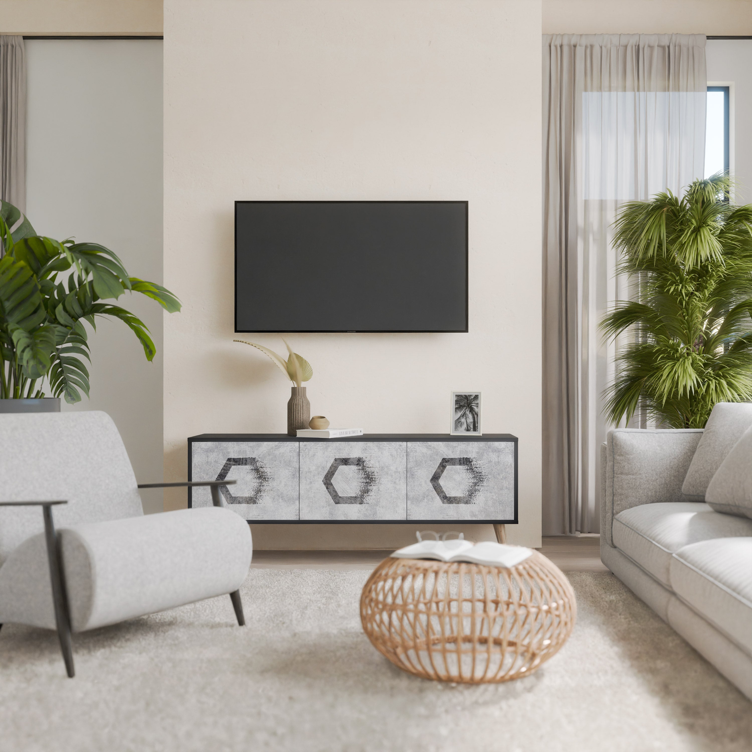 Mueble de TV de 3 puertas con figuras hexagonales en acabado negro