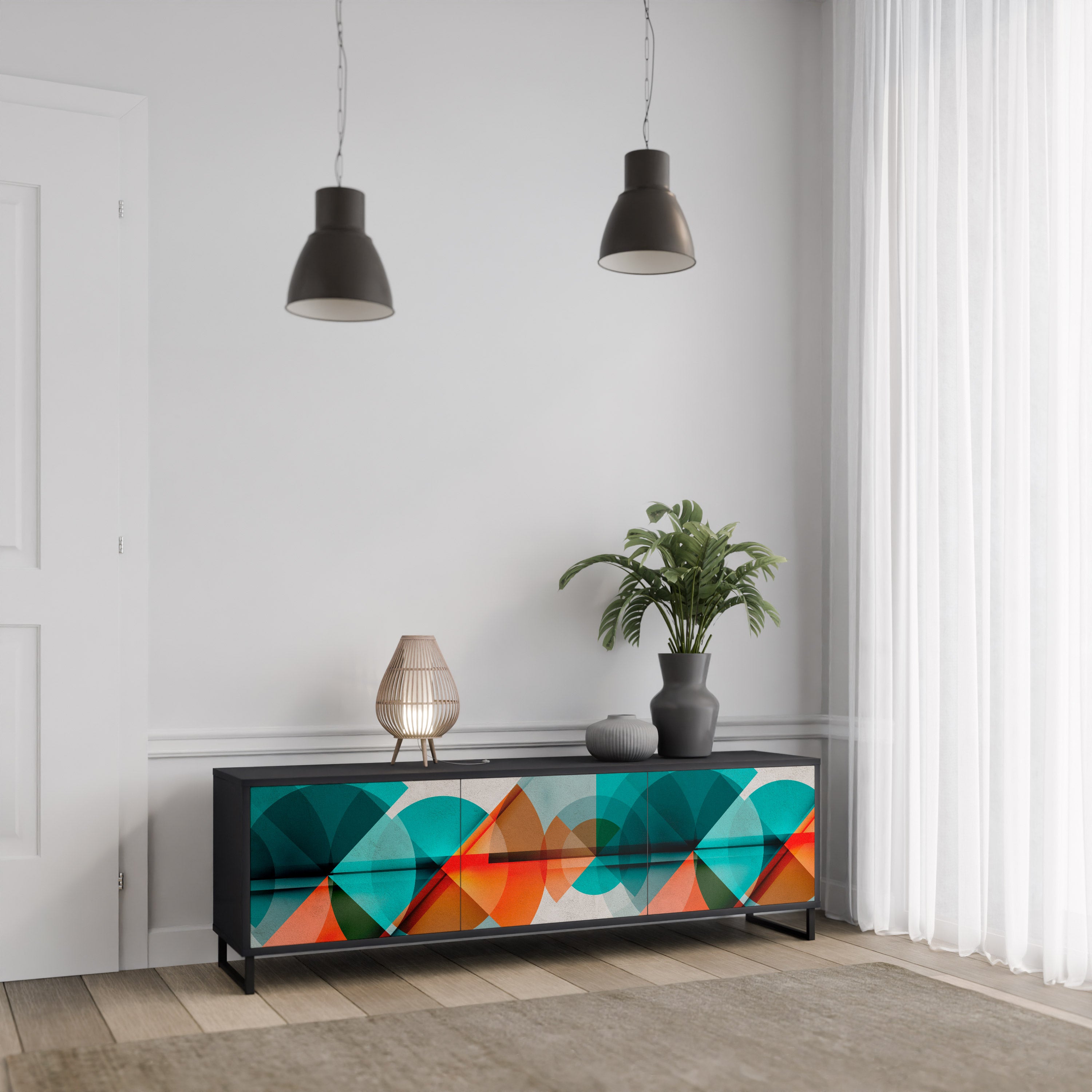 Mueble de TV CIRCULAR RHAPSODY de 3 puertas con acabado negro