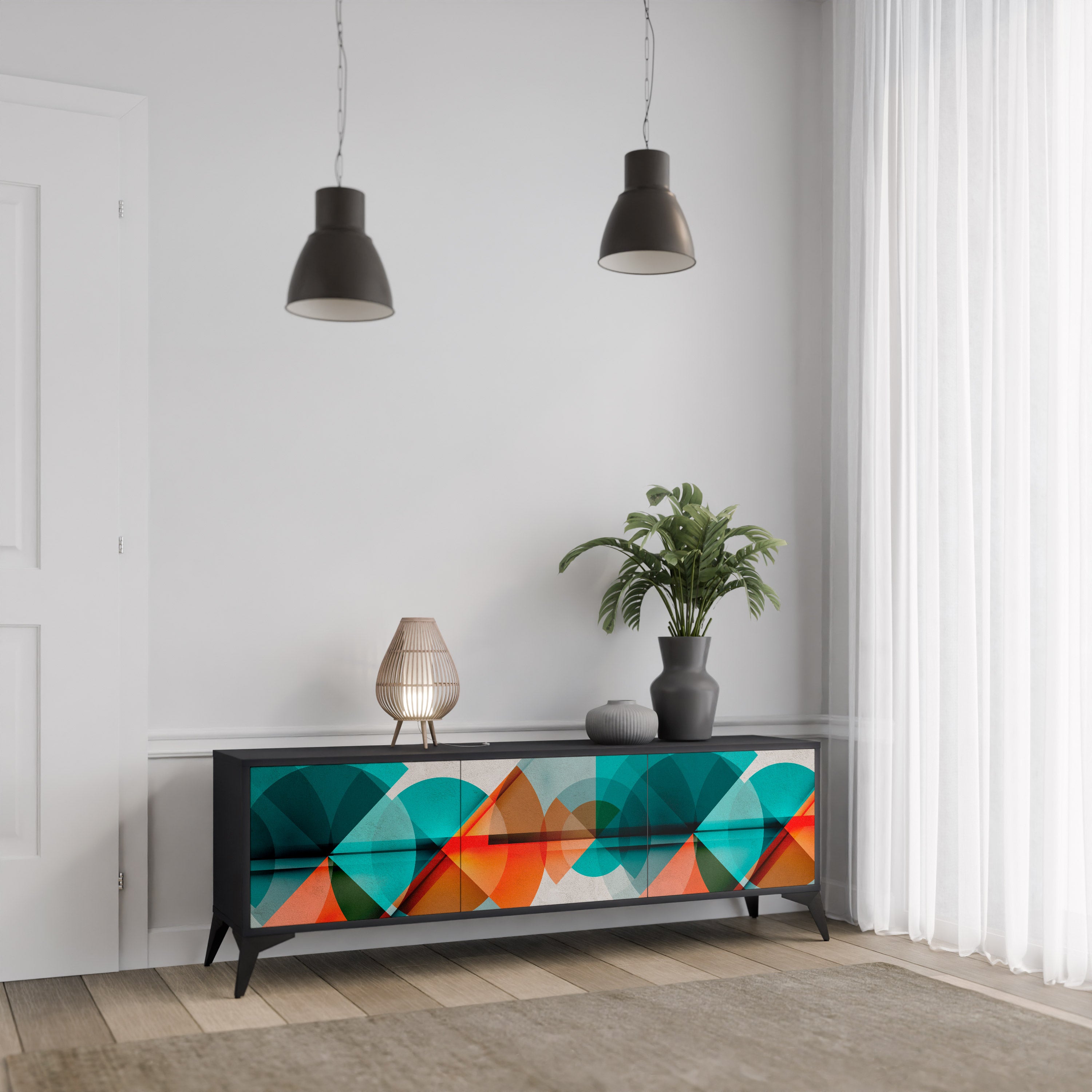 Mueble de TV CIRCULAR RHAPSODY de 3 puertas con acabado negro