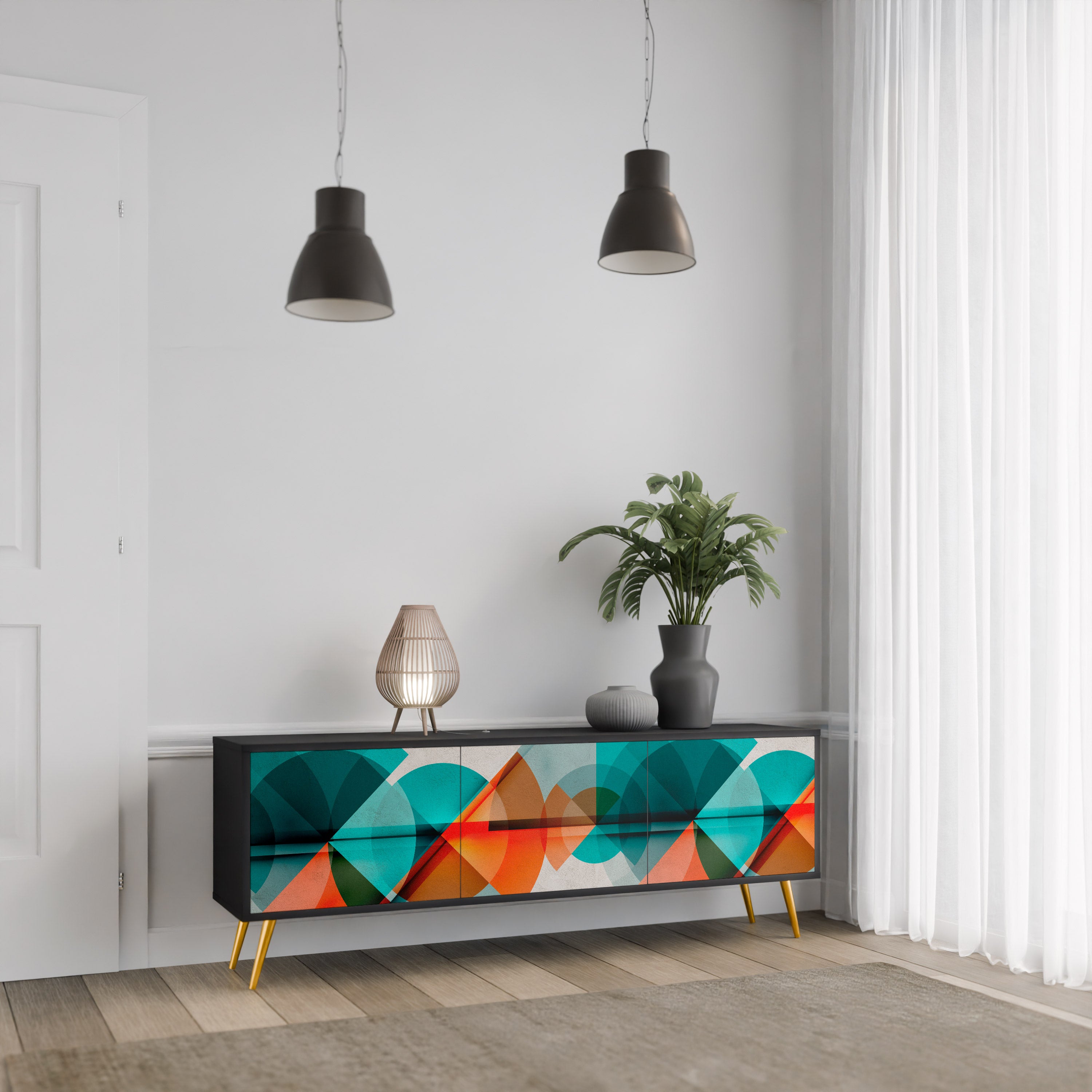 Mueble de TV CIRCULAR RHAPSODY de 3 puertas con acabado negro