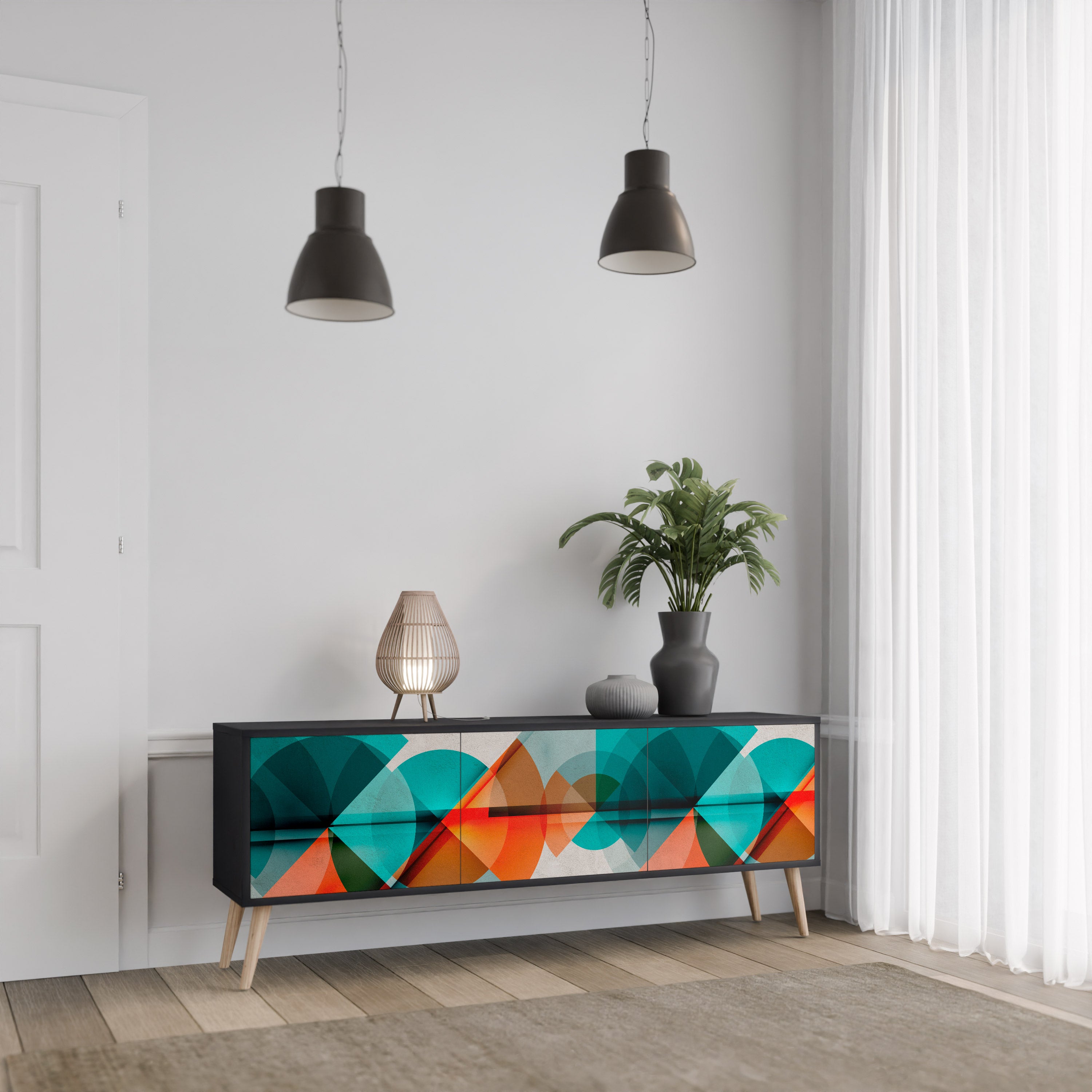 Mueble de TV CIRCULAR RHAPSODY de 3 puertas con acabado negro