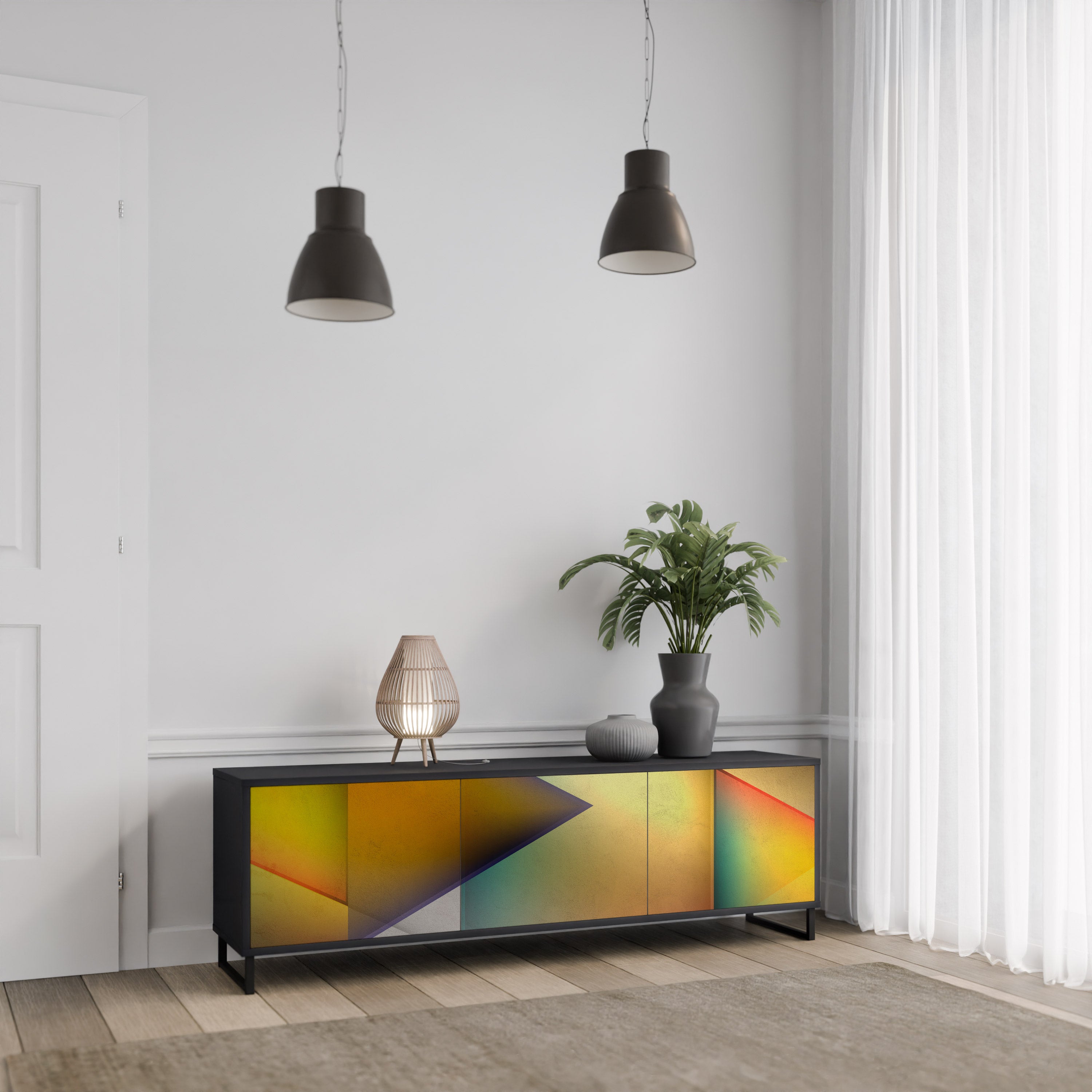 Mueble de TV de 3 puertas con acabado negro y nitidez penetrante