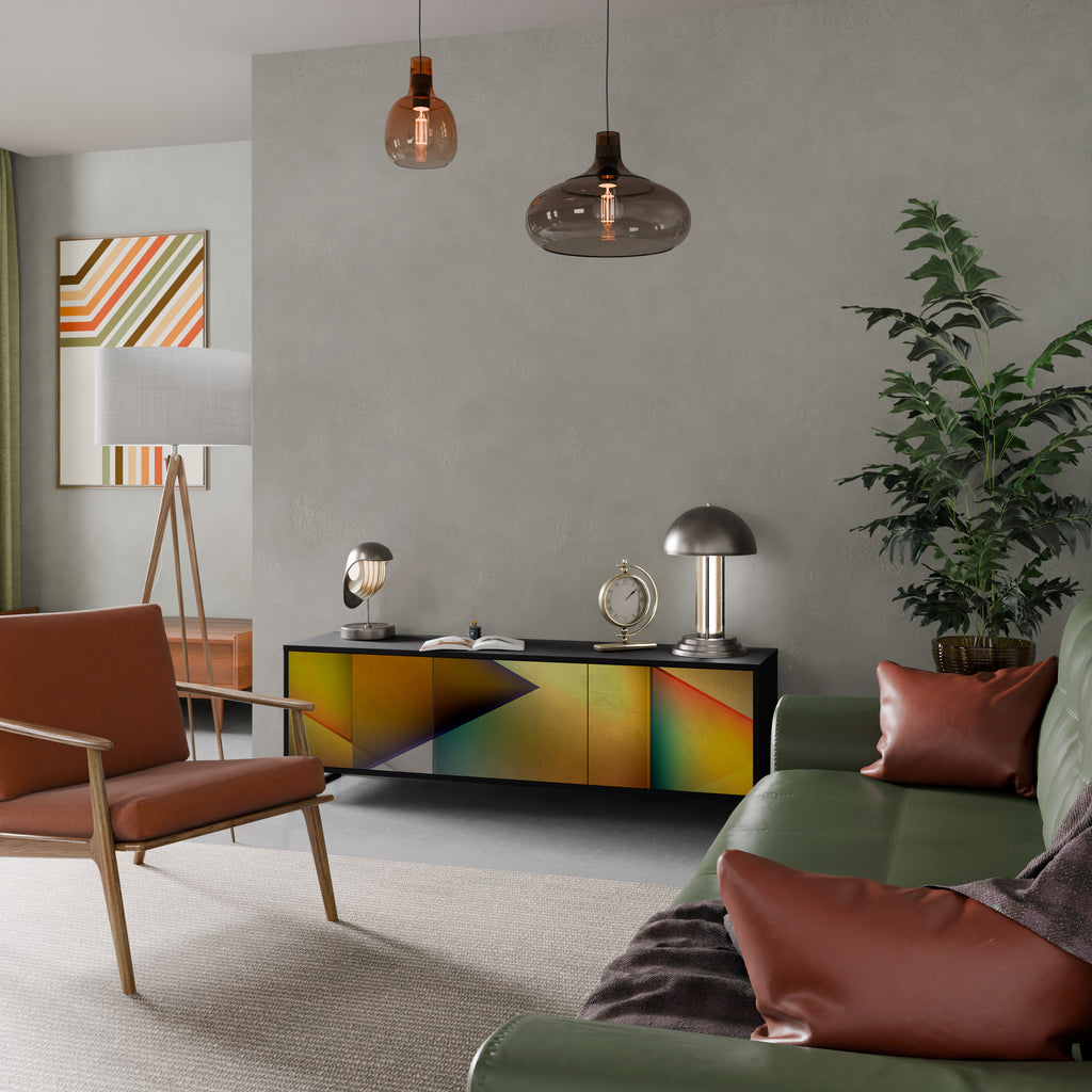 Mueble de TV de 3 puertas con acabado negro y nitidez penetrante