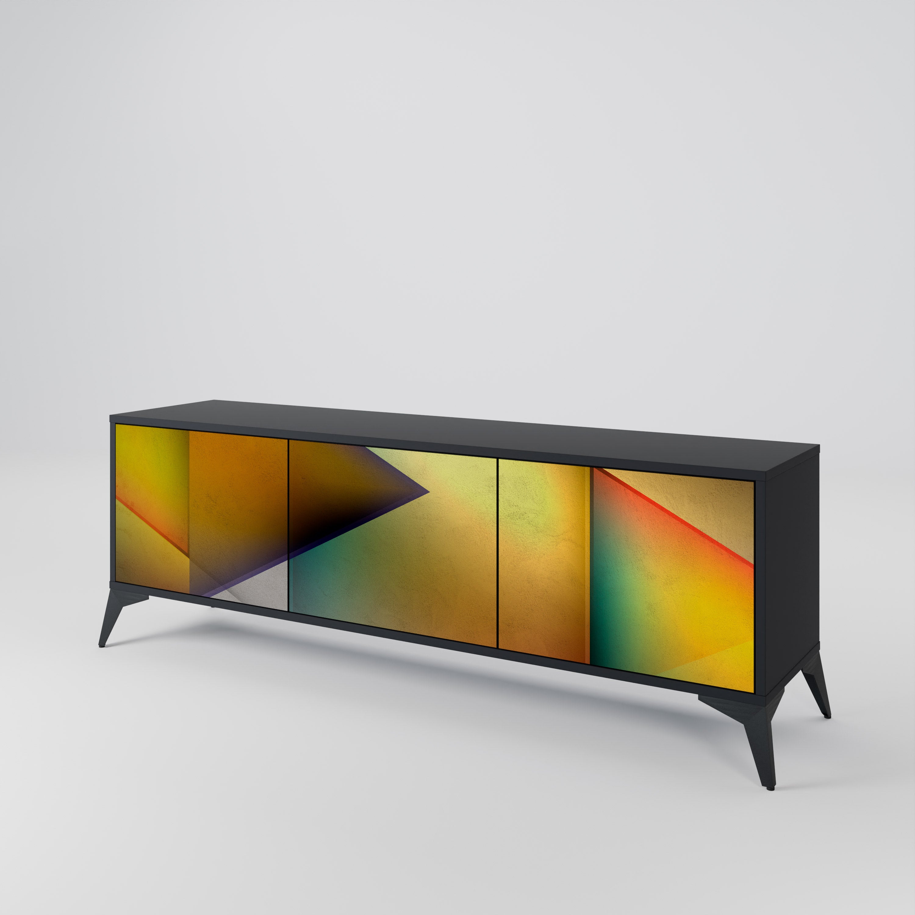 Mueble de TV de 3 puertas con acabado negro y nitidez penetrante