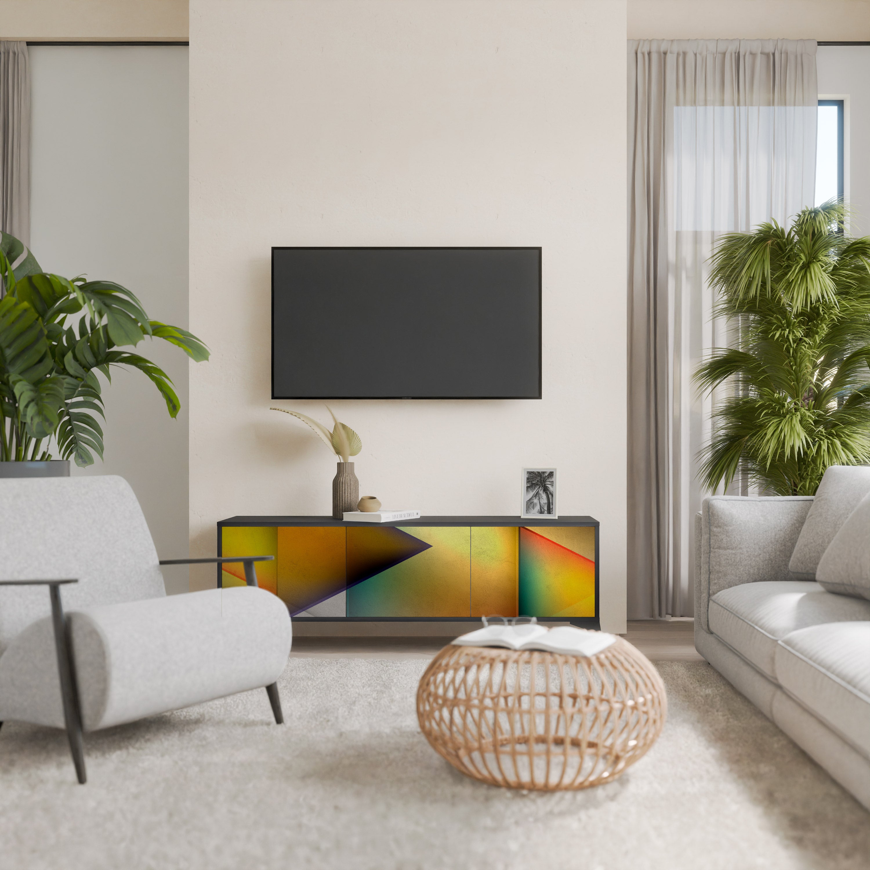 Mueble de TV de 3 puertas con acabado negro y nitidez penetrante