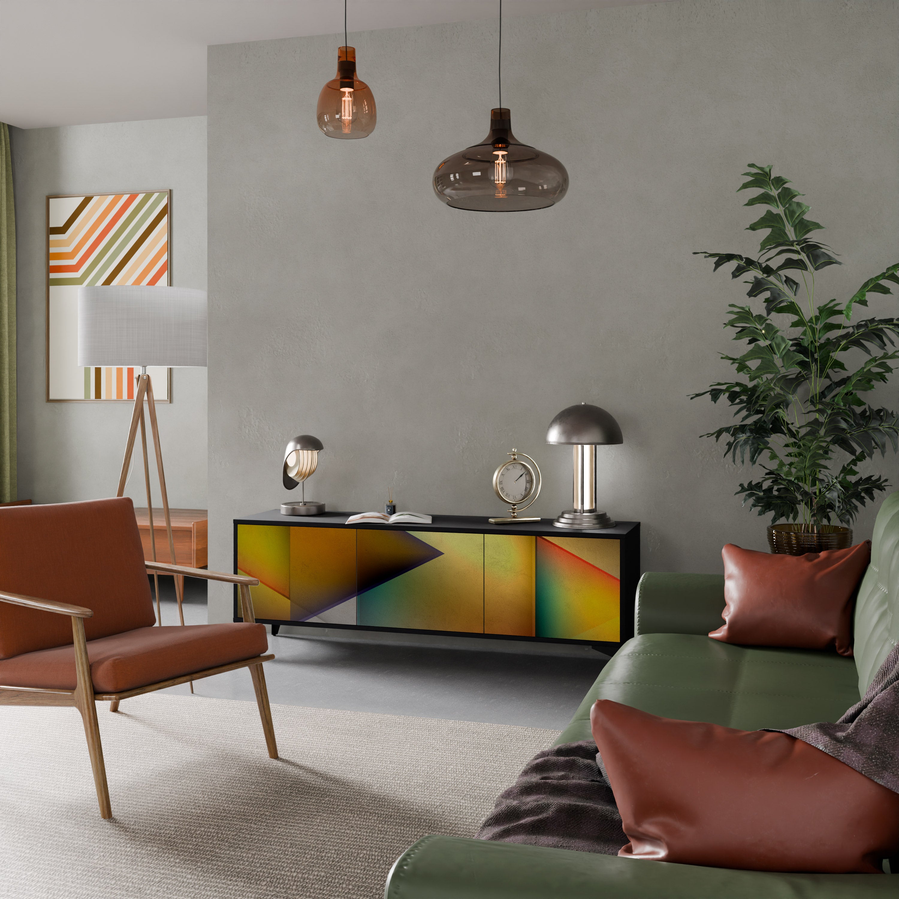 Mueble de TV de 3 puertas con acabado negro y nitidez penetrante