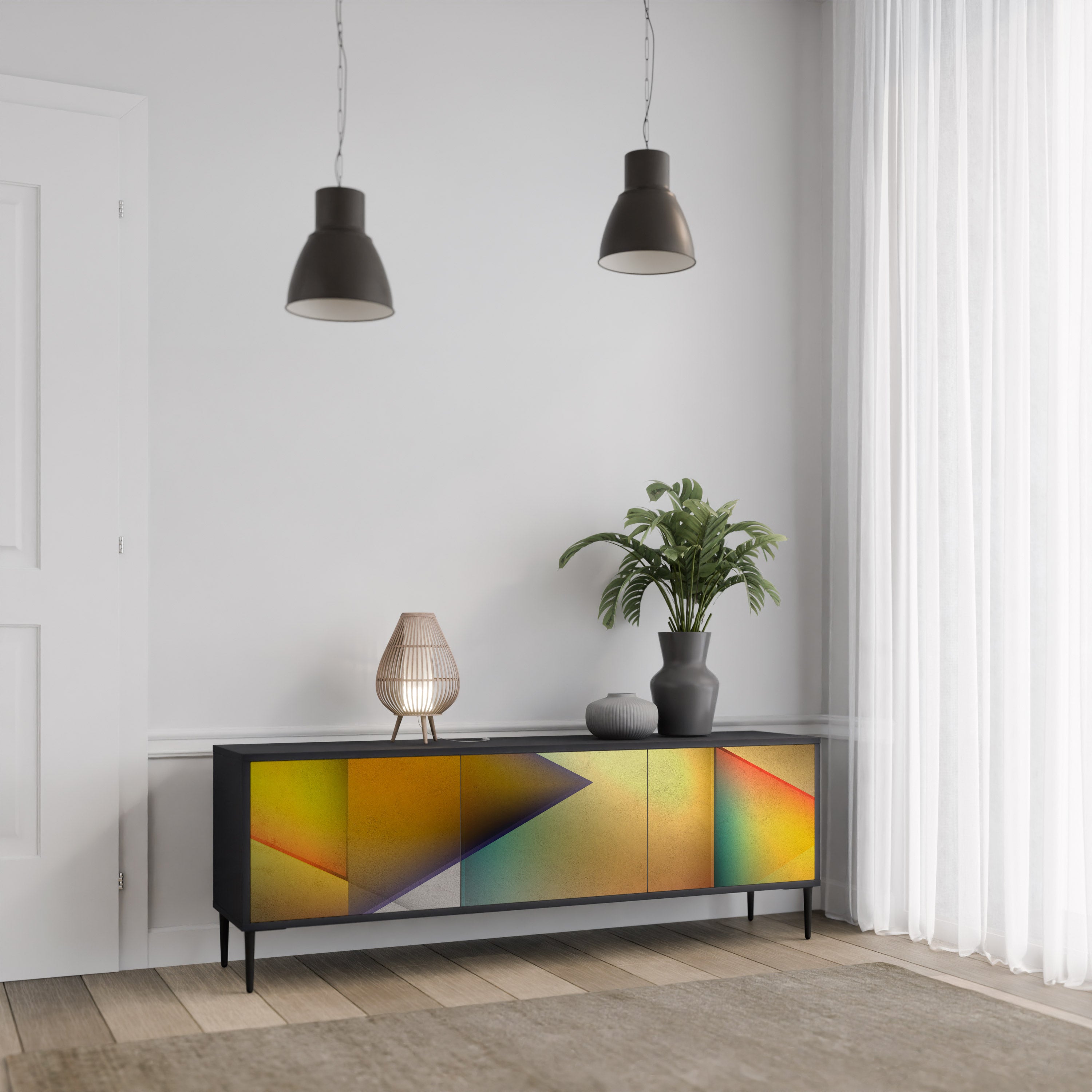 Mueble de TV de 3 puertas con acabado negro y nitidez penetrante