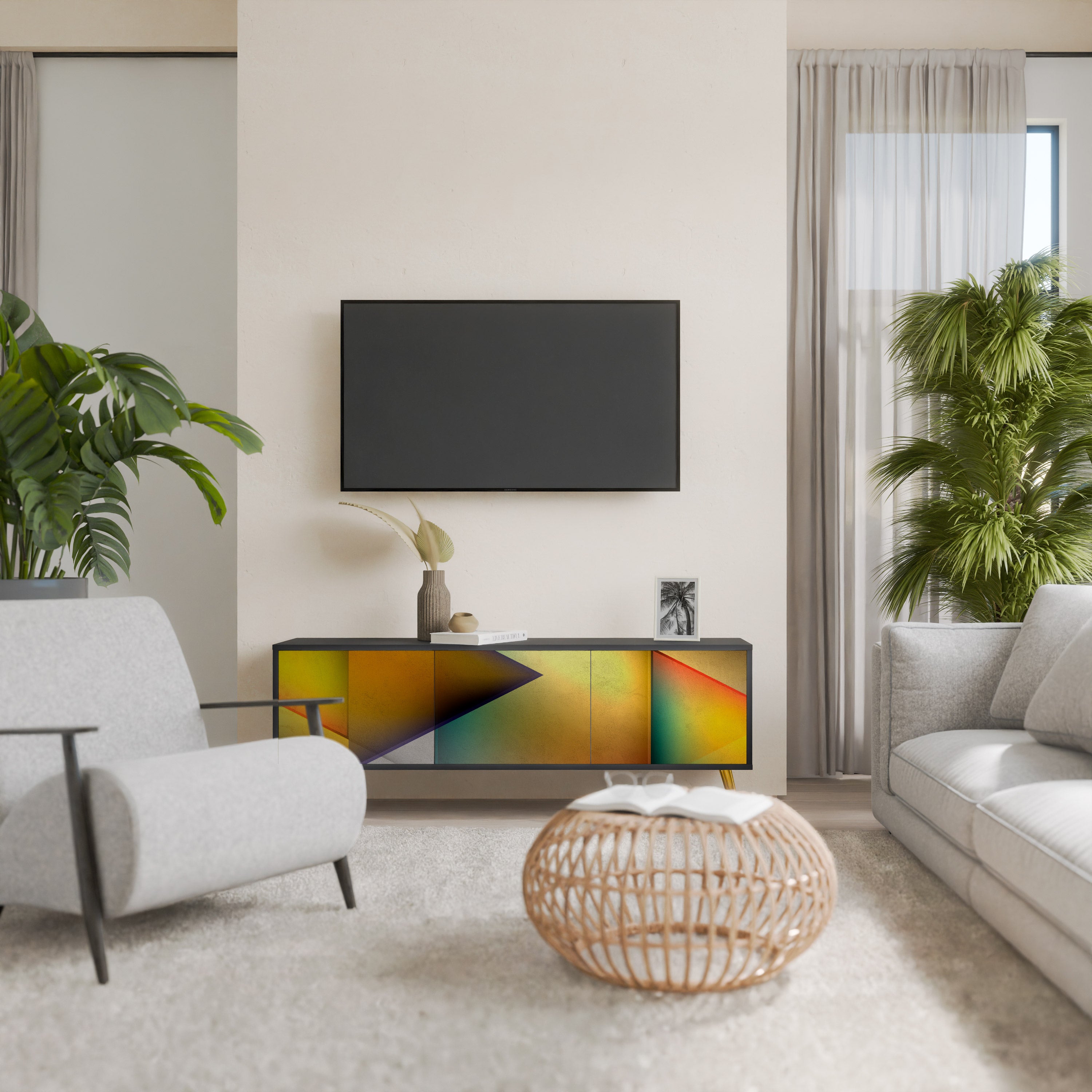 Mueble de TV de 3 puertas con acabado negro y nitidez penetrante