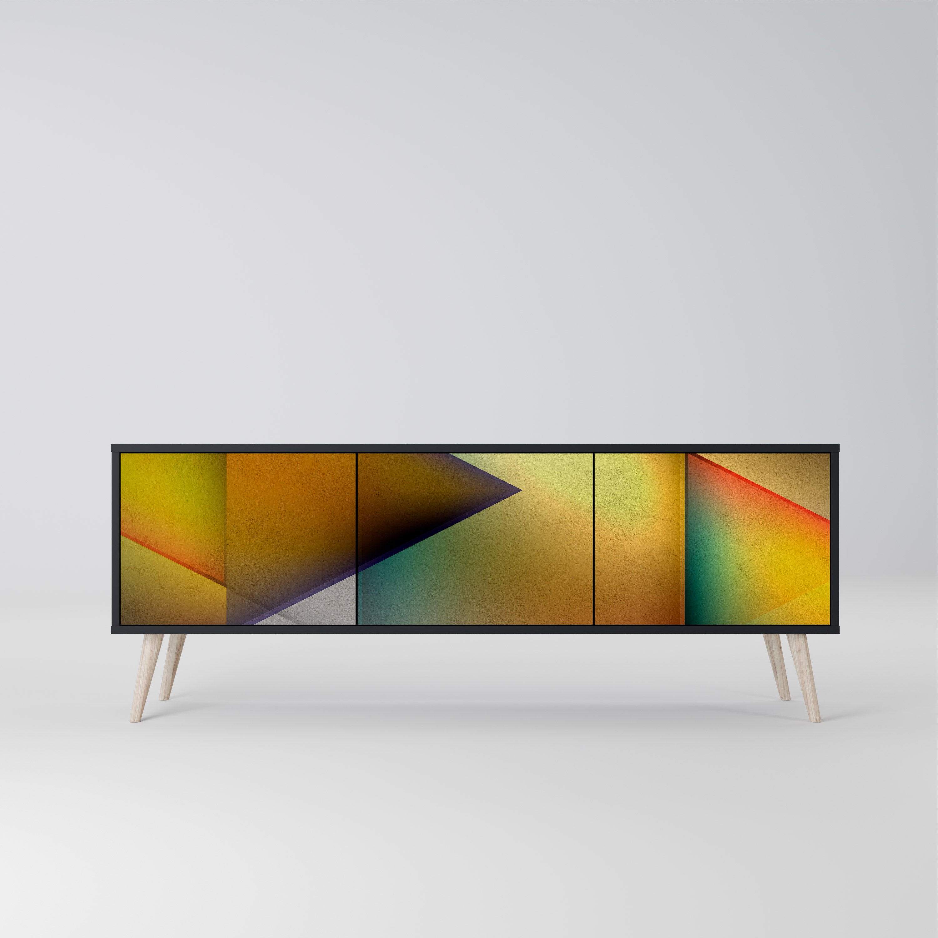 Mueble de TV de 3 puertas con acabado negro y nitidez penetrante