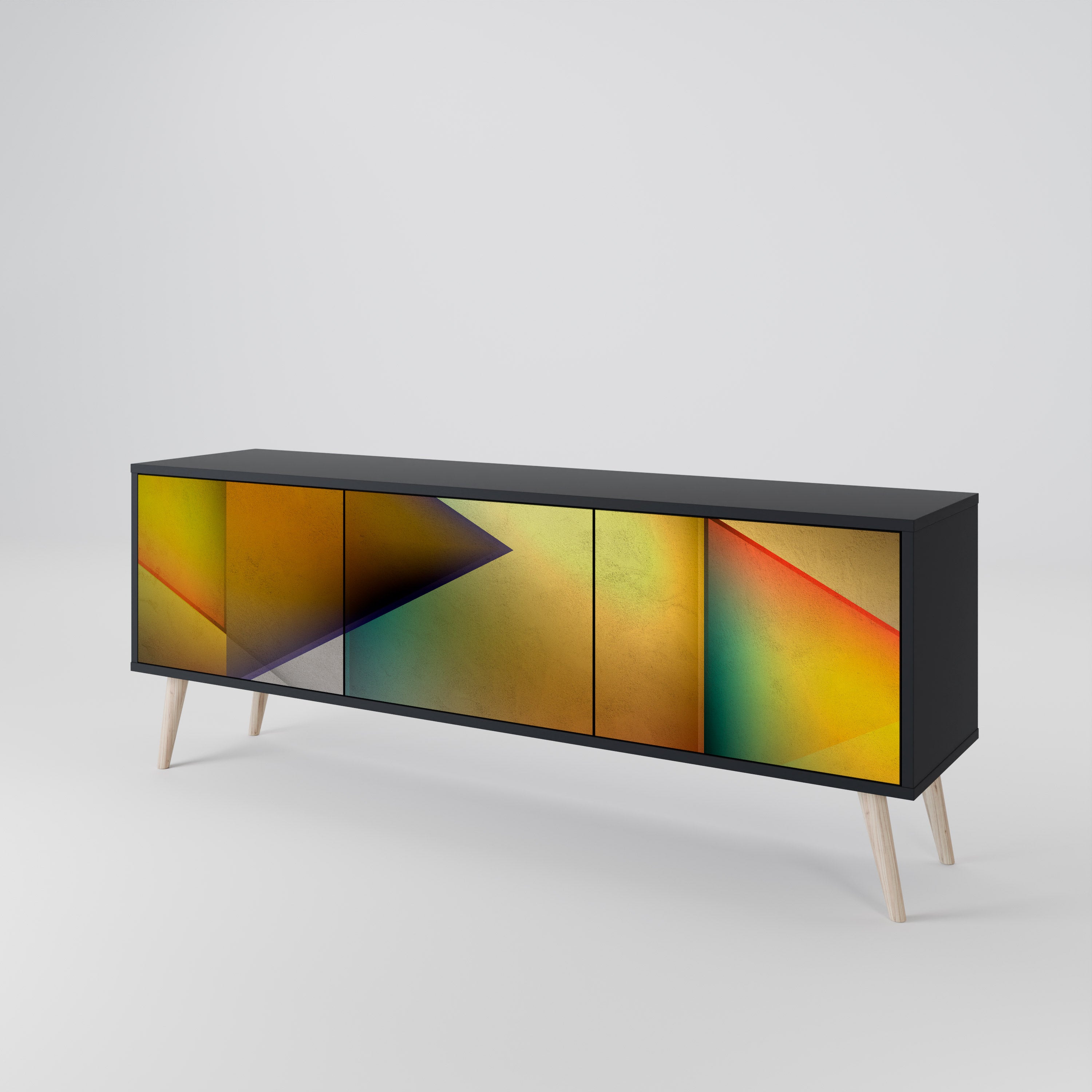 Mueble de TV de 3 puertas con acabado negro y nitidez penetrante