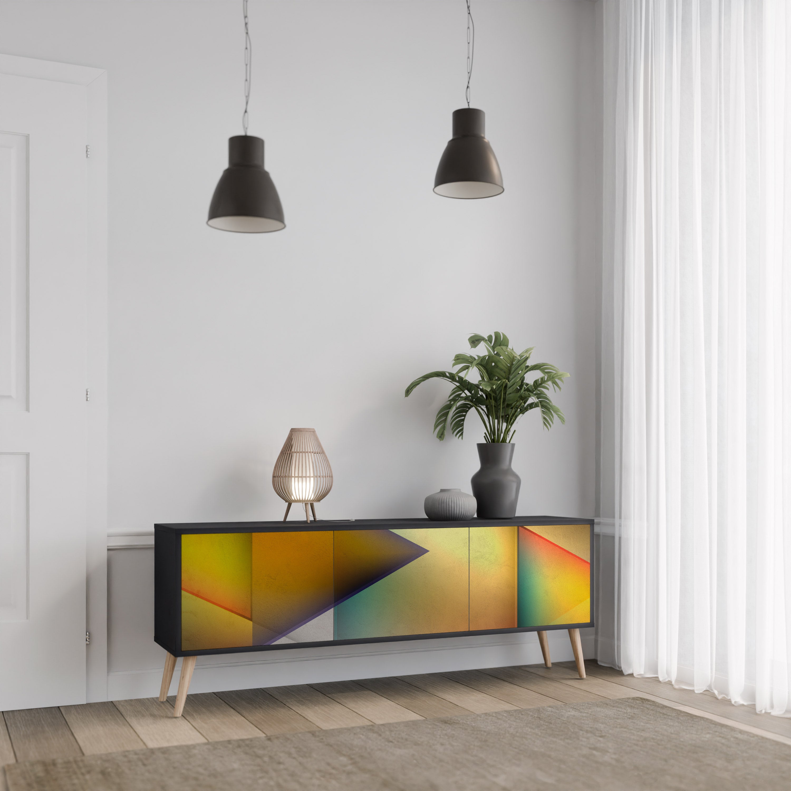 Mueble de TV de 3 puertas con acabado negro y nitidez penetrante