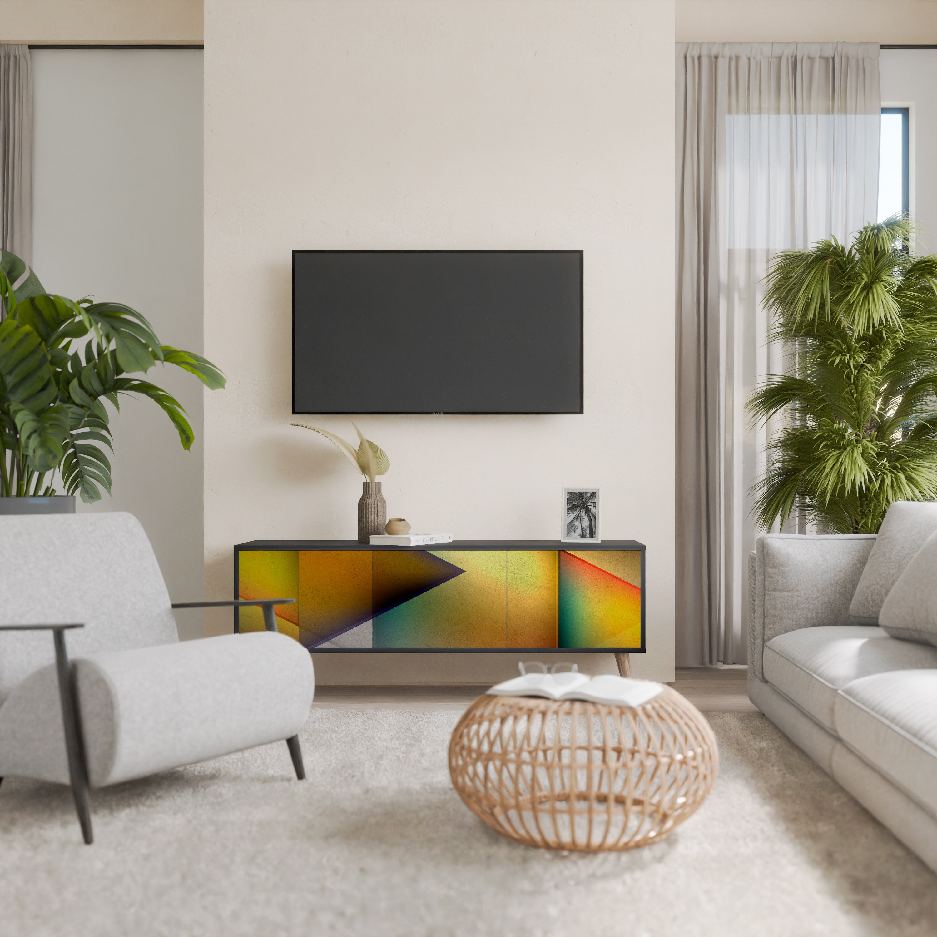 Mueble de TV de 3 puertas con acabado negro y nitidez penetrante
