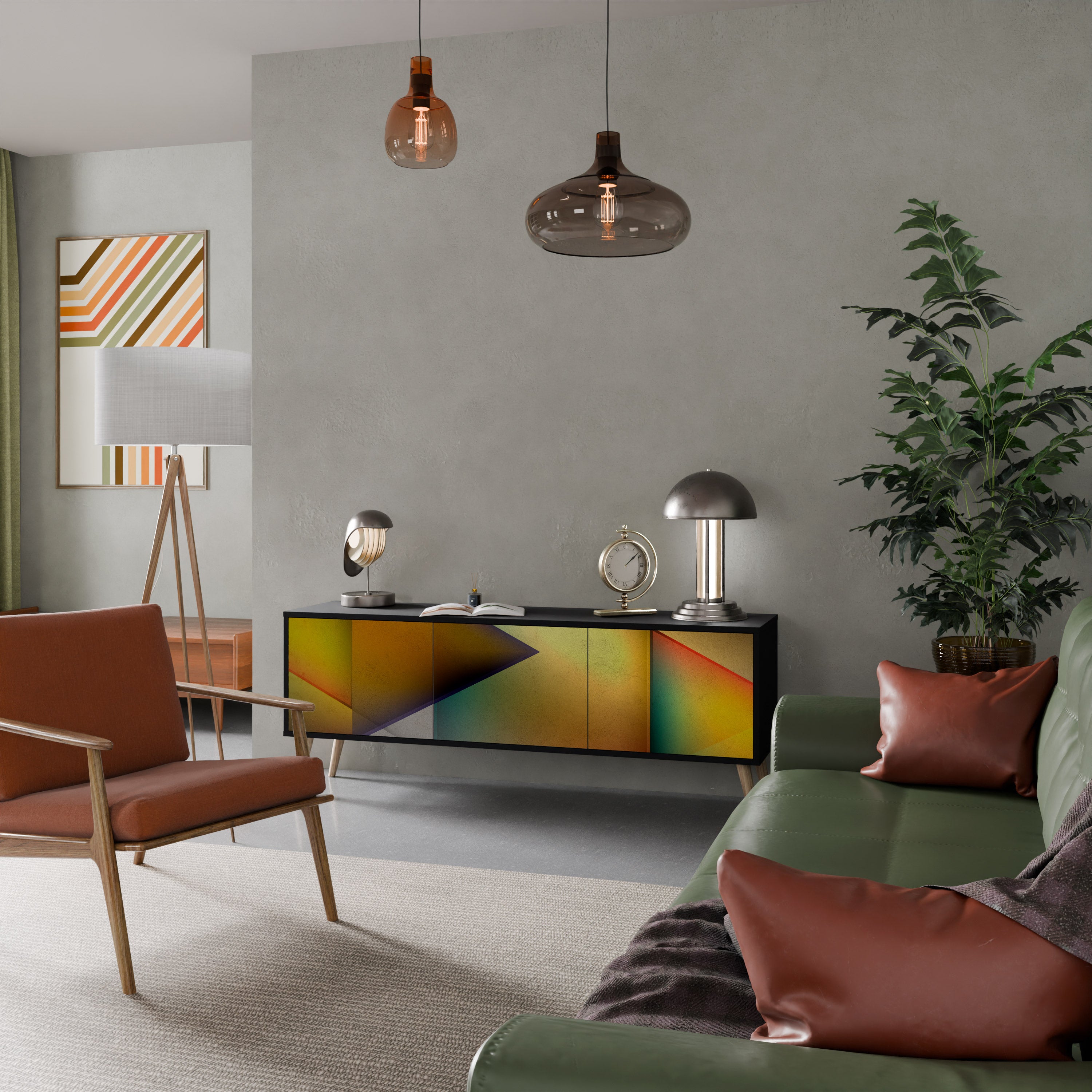 Mueble de TV de 3 puertas con acabado negro y nitidez penetrante
