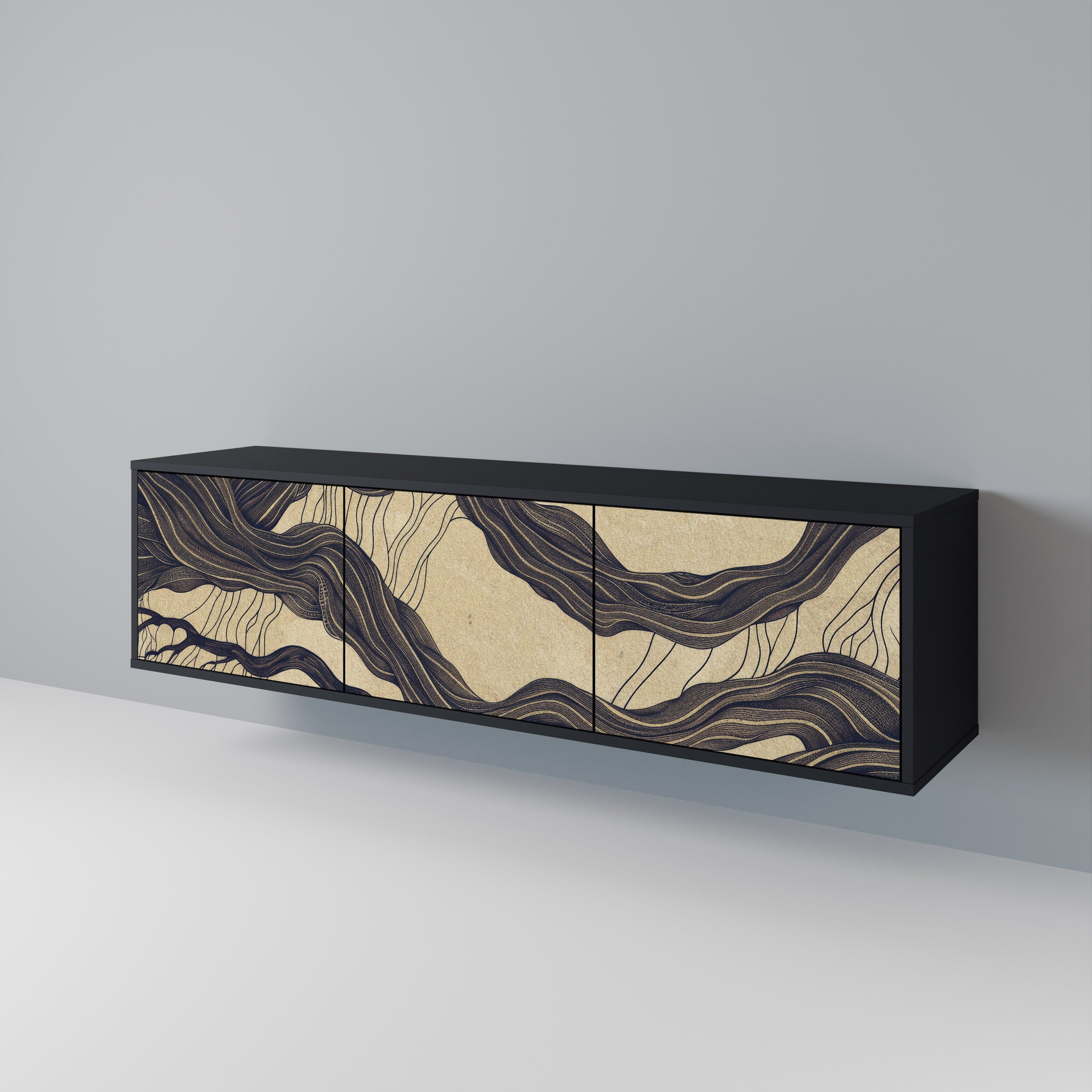 Mueble de TV de 3 puertas UNFIED FRAGMENTS con acabado negro