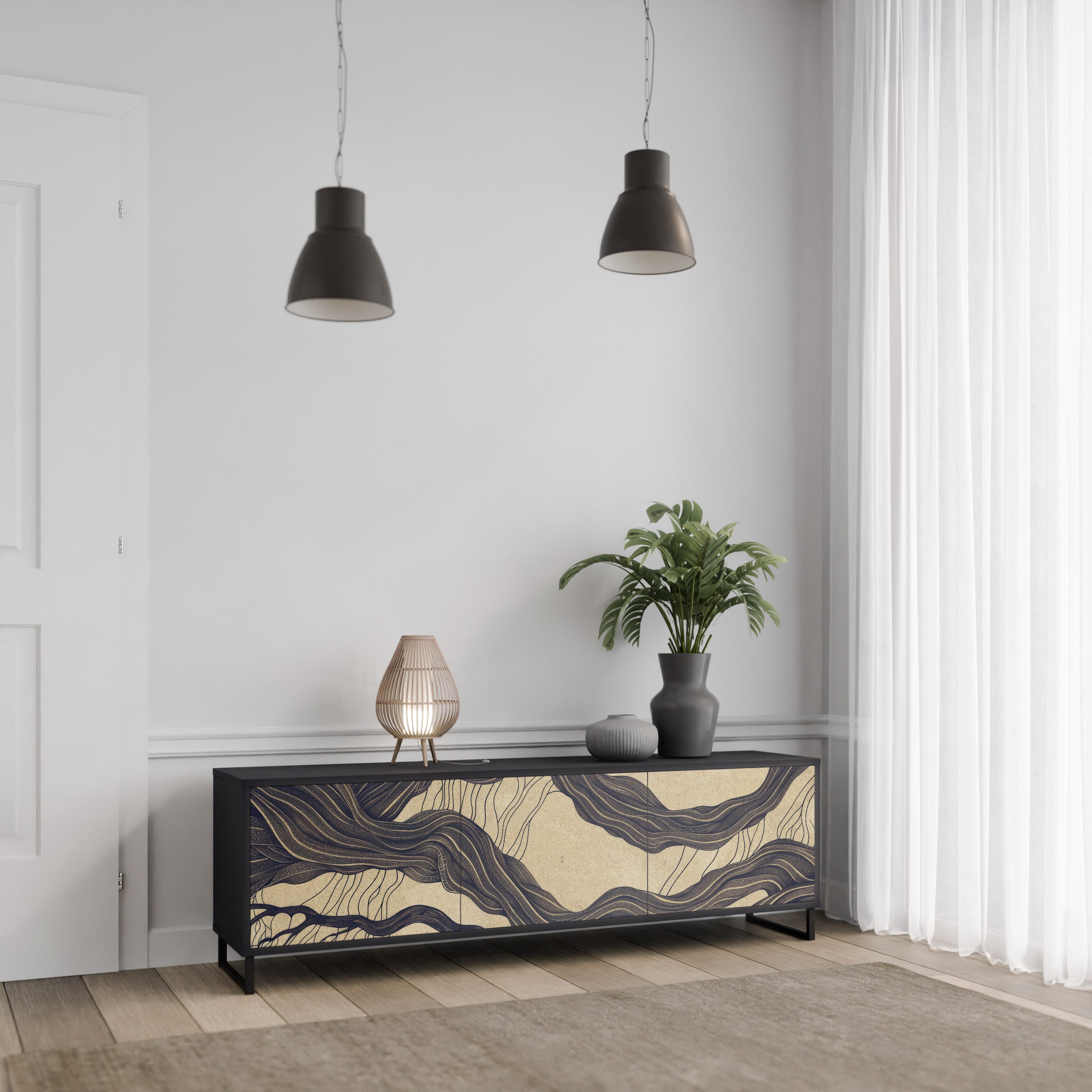 Mueble de TV de 3 puertas UNFIED FRAGMENTS con acabado negro