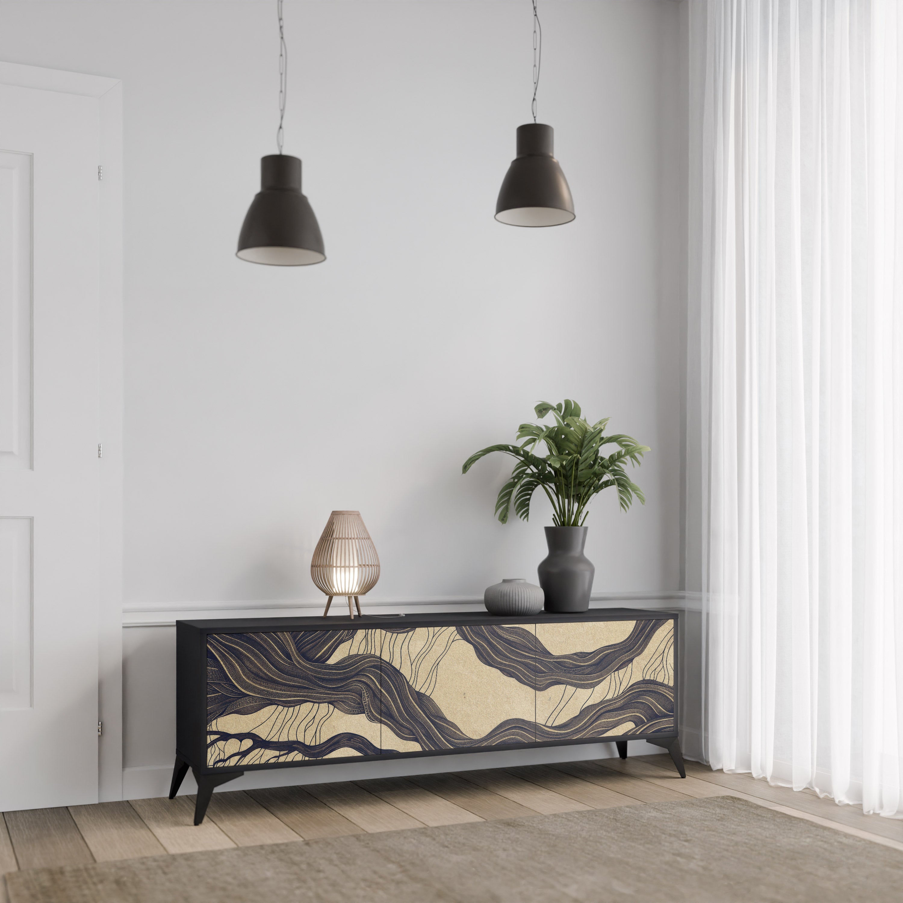 Mueble de TV de 3 puertas UNFIED FRAGMENTS con acabado negro