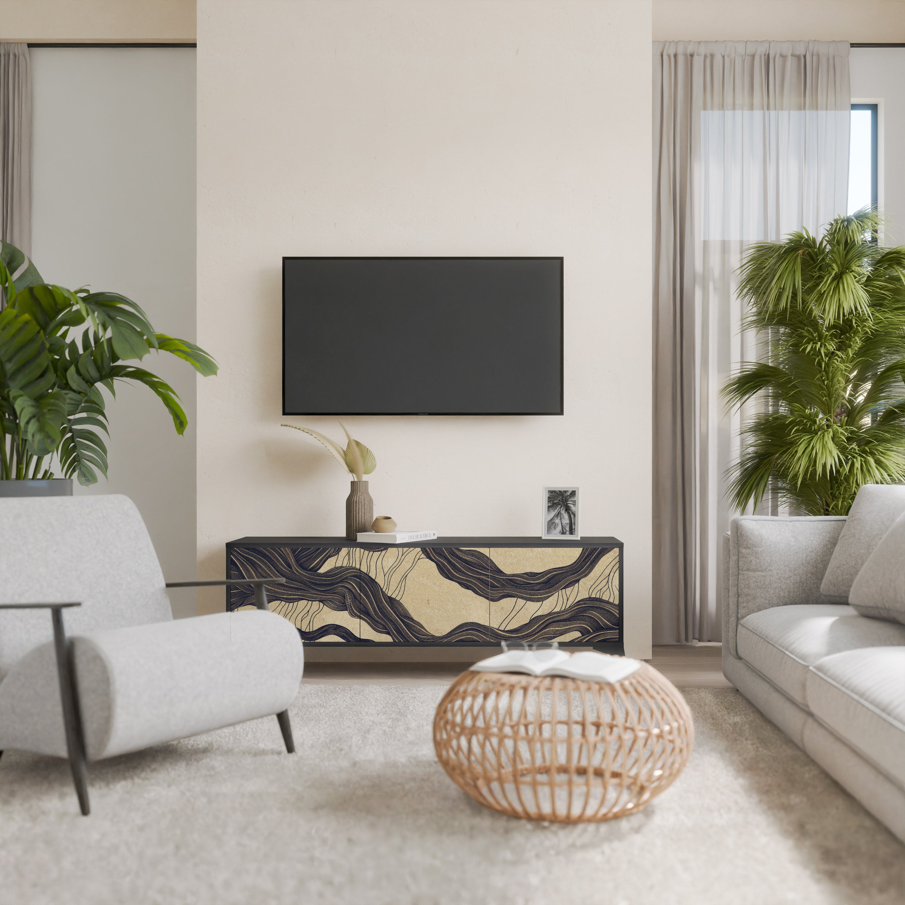 Mueble de TV de 3 puertas UNFIED FRAGMENTS con acabado negro