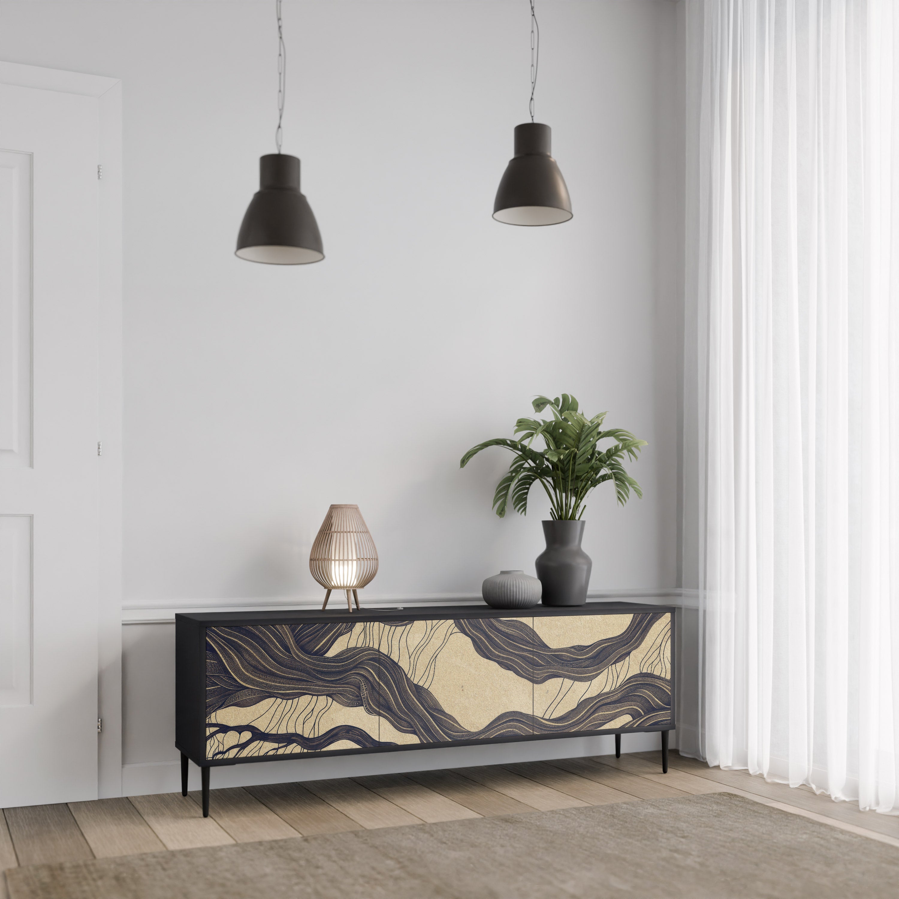 Mueble de TV de 3 puertas UNFIED FRAGMENTS con acabado negro
