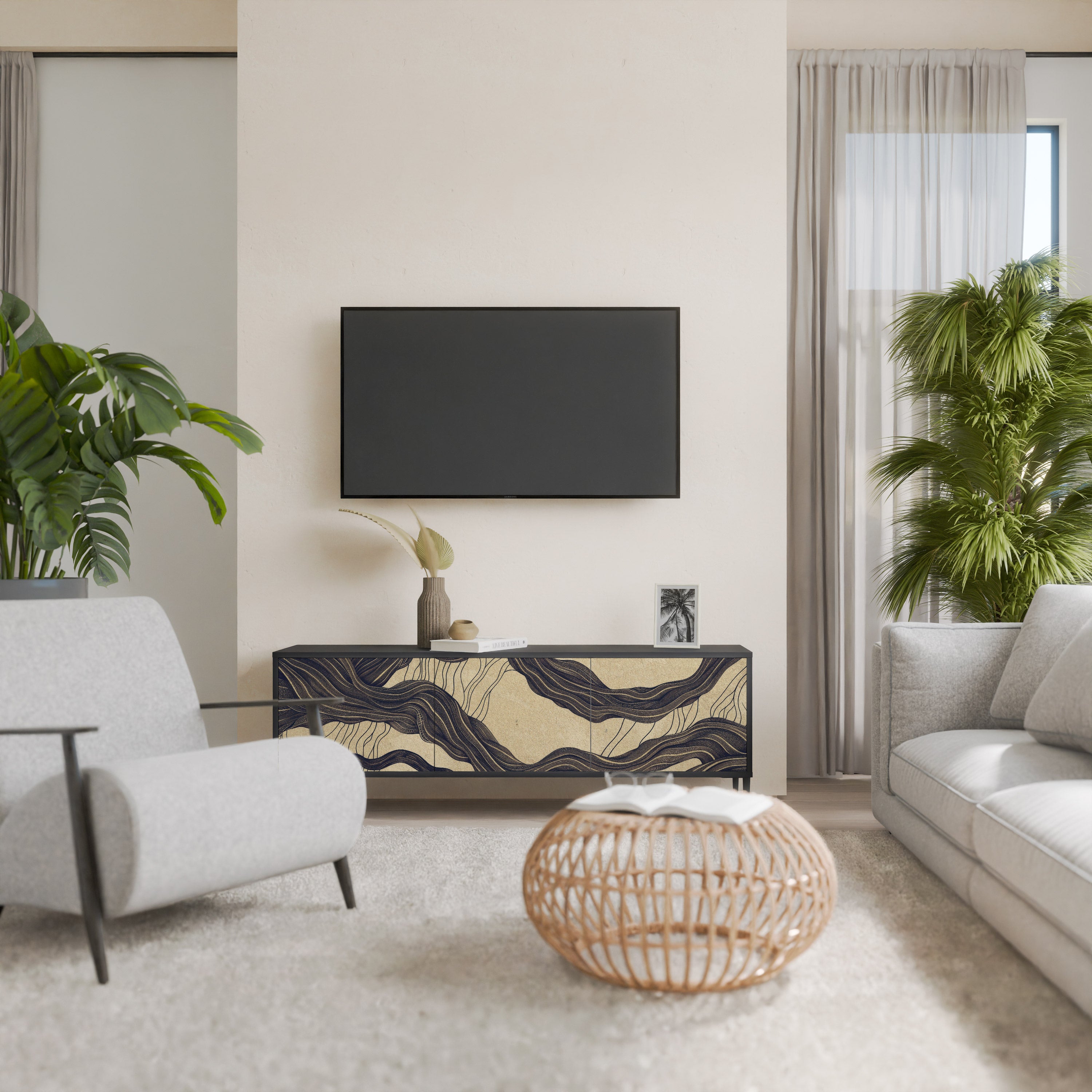 Mueble de TV de 3 puertas UNFIED FRAGMENTS con acabado negro