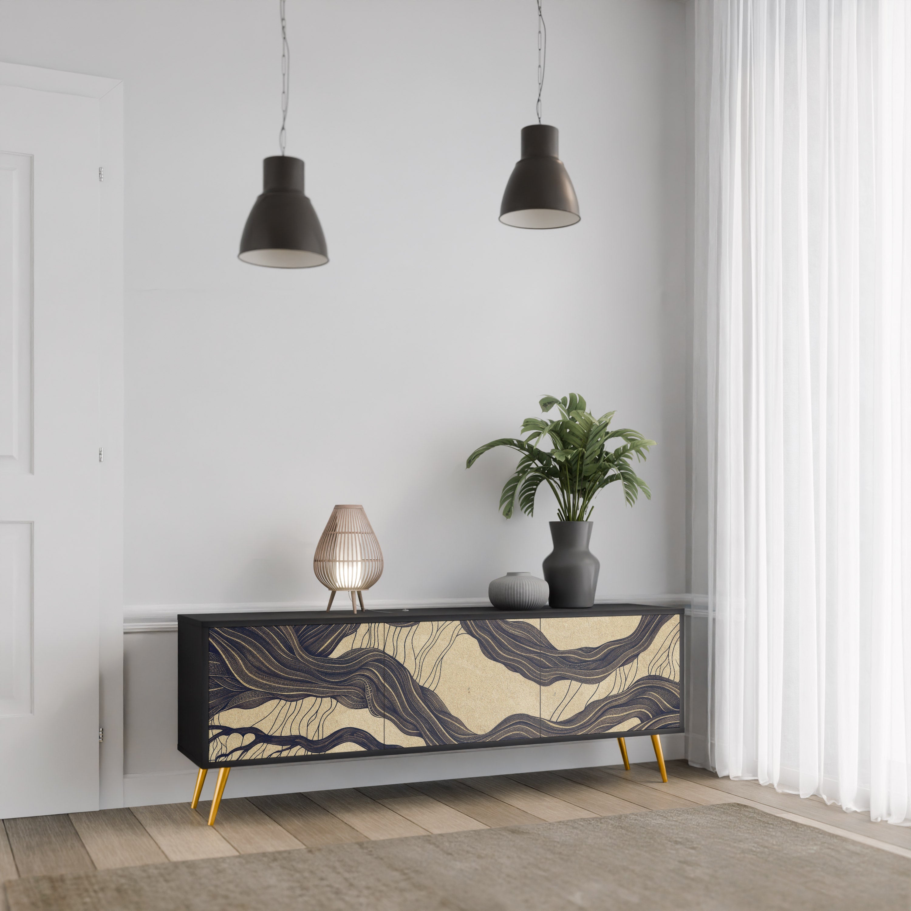 Mueble de TV de 3 puertas UNFIED FRAGMENTS con acabado negro