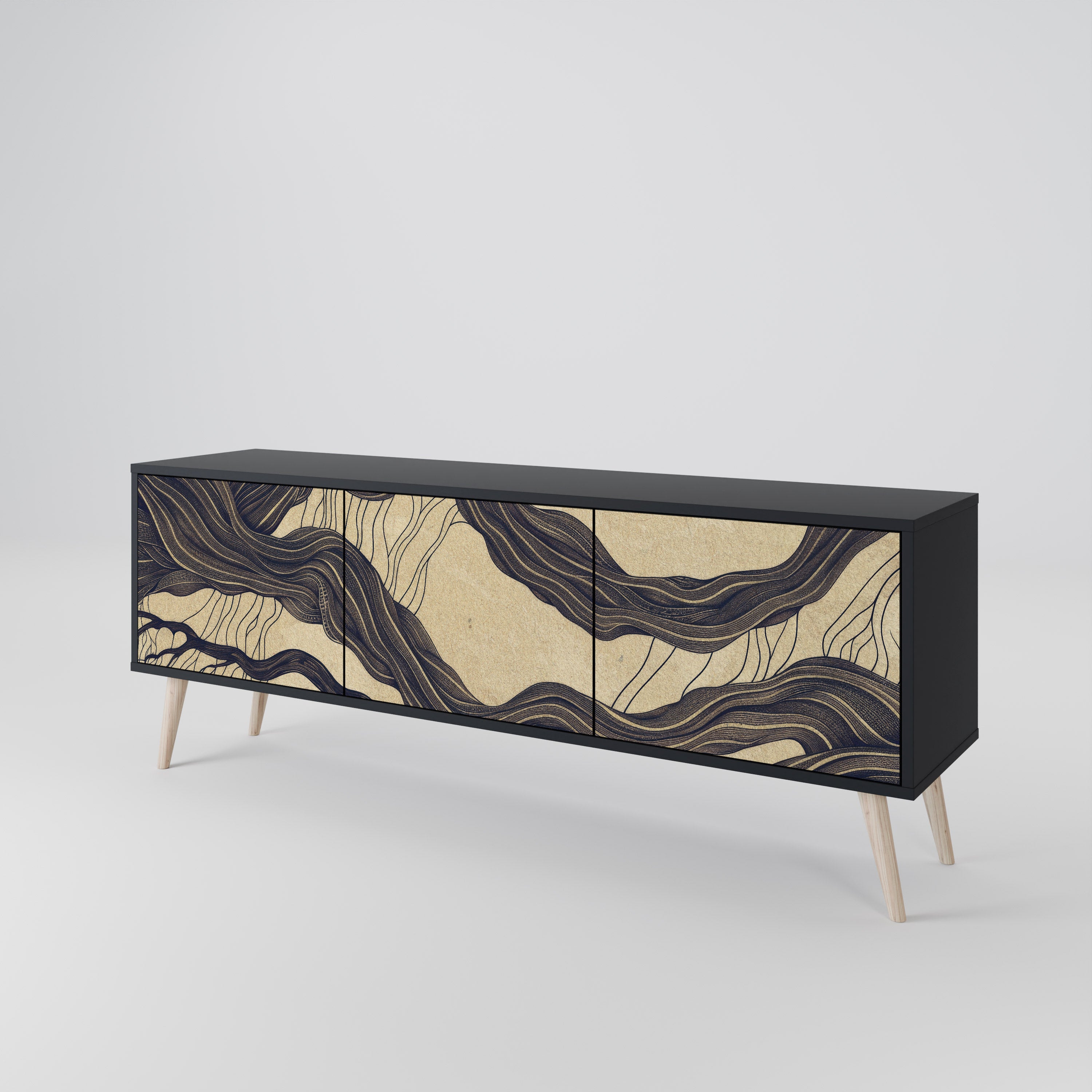 Mueble de TV de 3 puertas UNFIED FRAGMENTS con acabado negro