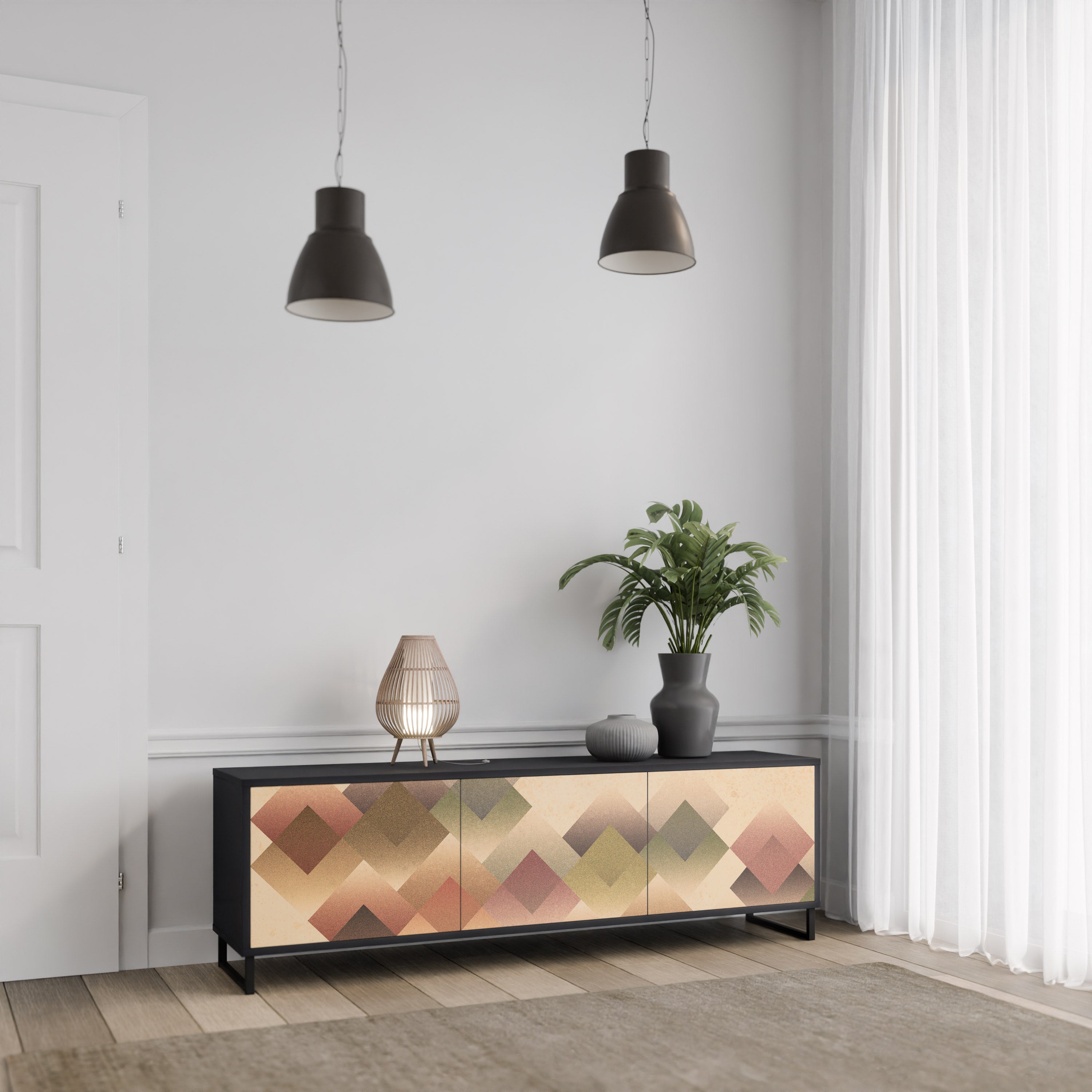 Mueble de TV GEOMETRIC FUSION de 3 puertas con acabado negro