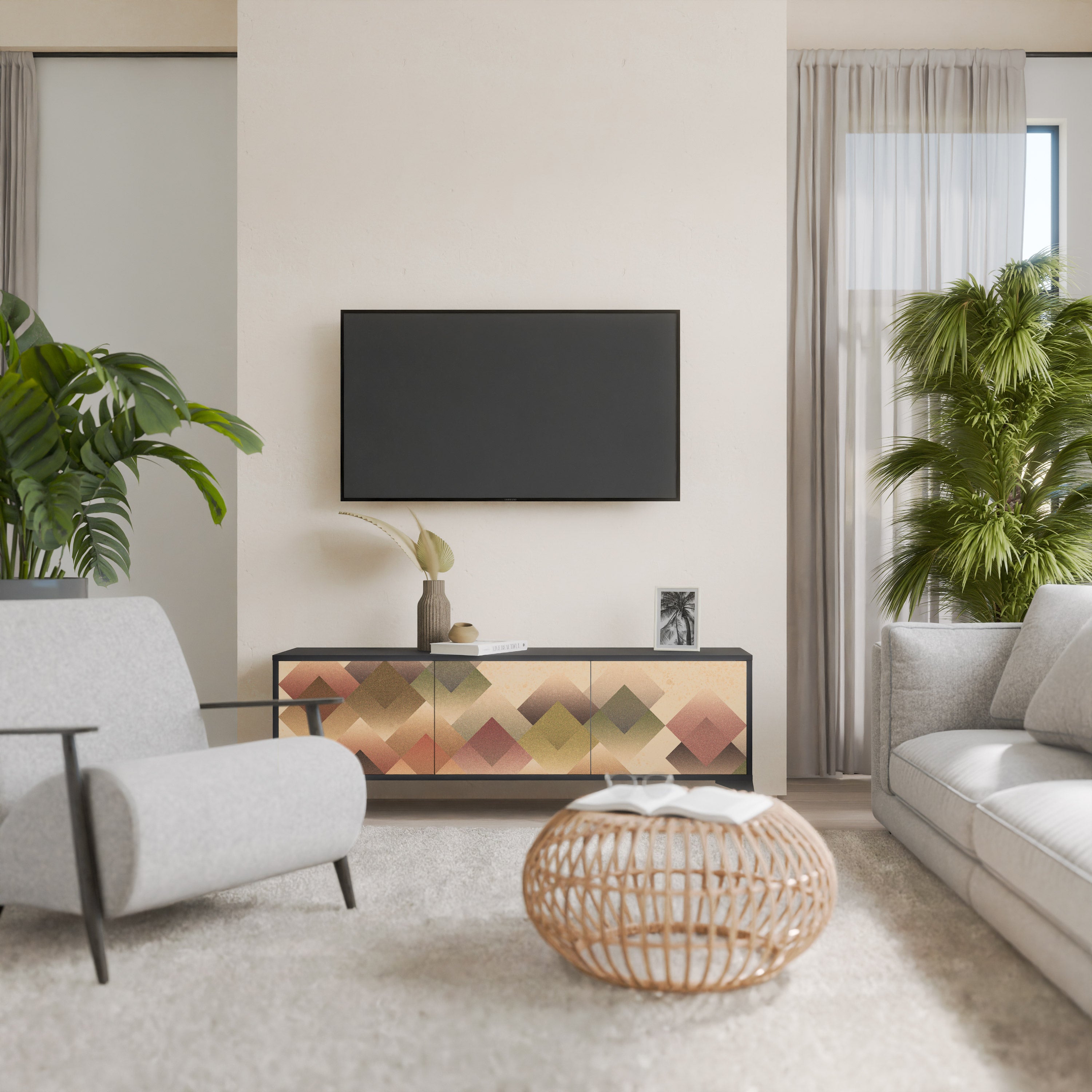 Mueble de TV GEOMETRIC FUSION de 3 puertas con acabado negro