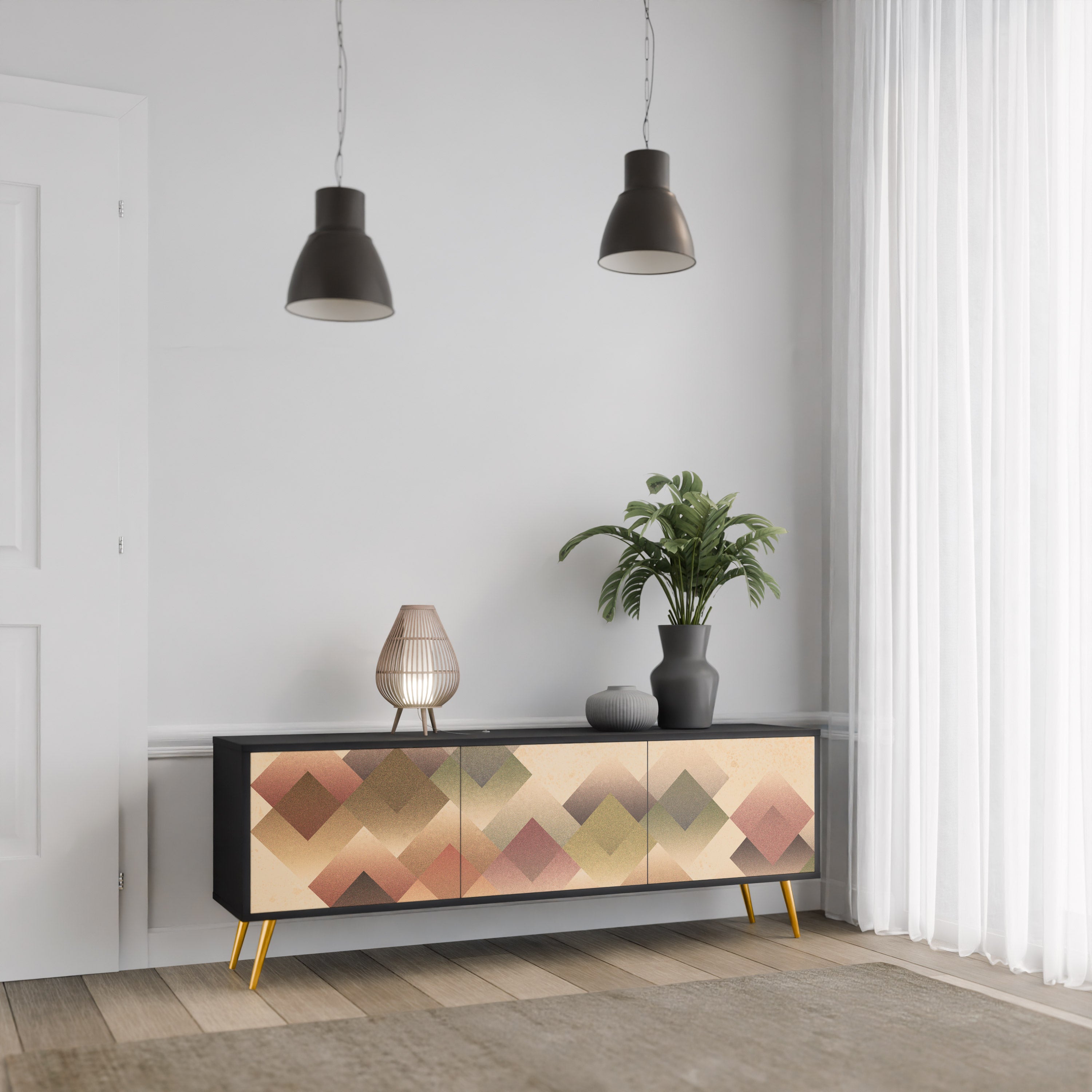Mueble de TV GEOMETRIC FUSION de 3 puertas con acabado negro