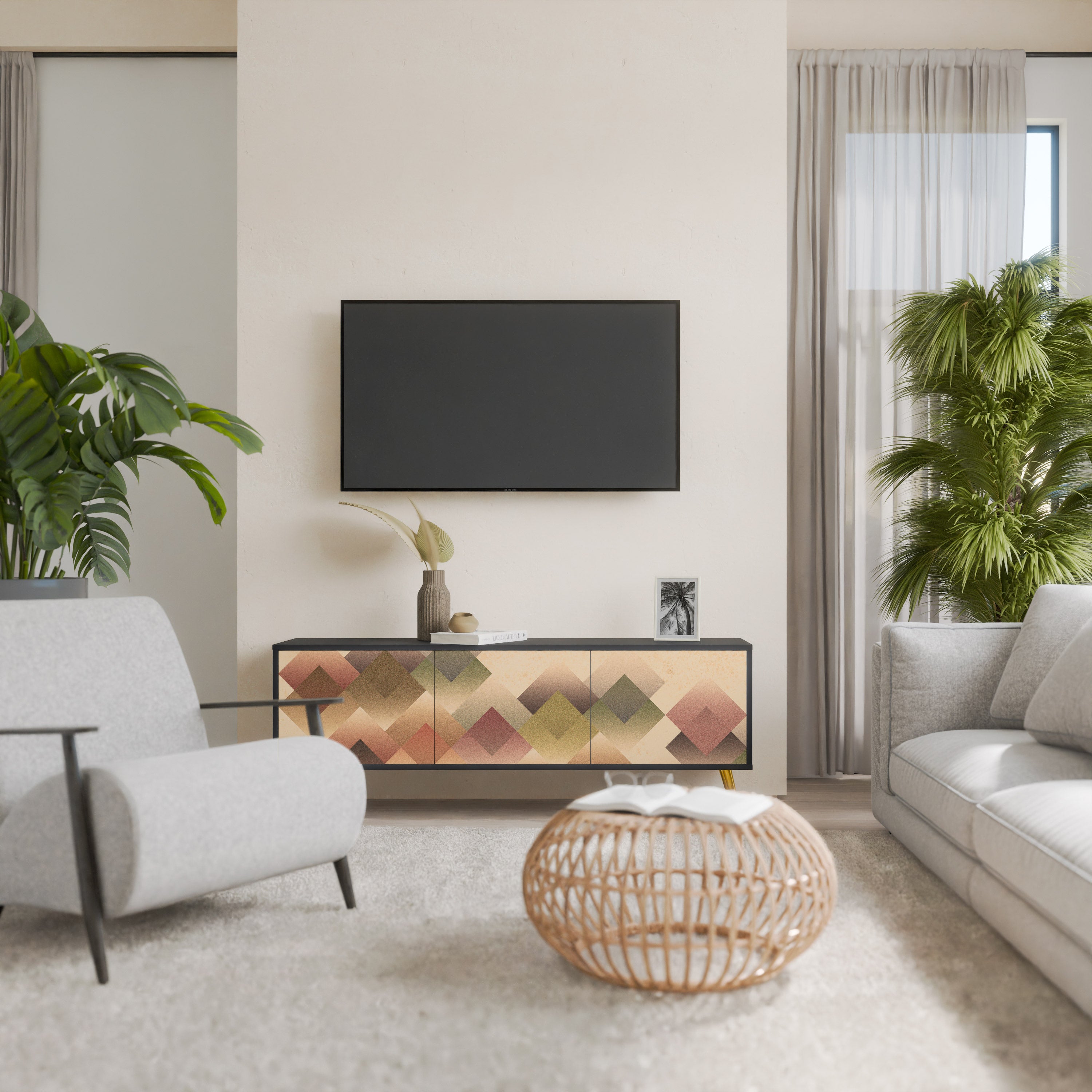 Mueble de TV GEOMETRIC FUSION de 3 puertas con acabado negro