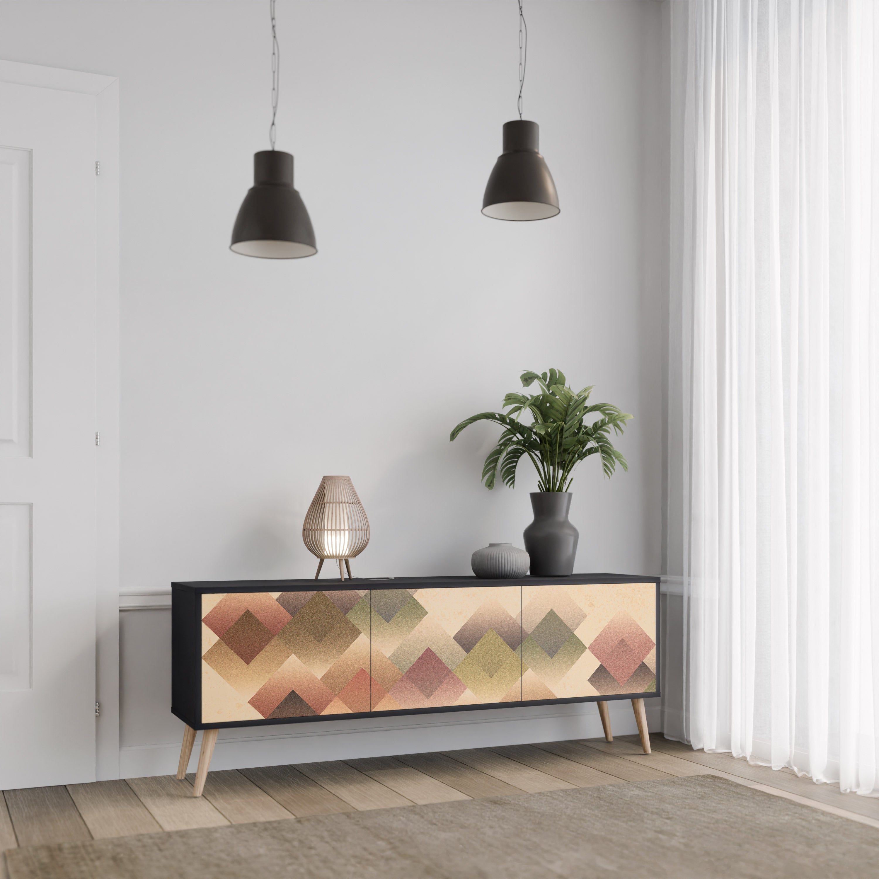 Mueble de TV GEOMETRIC FUSION de 3 puertas con acabado negro