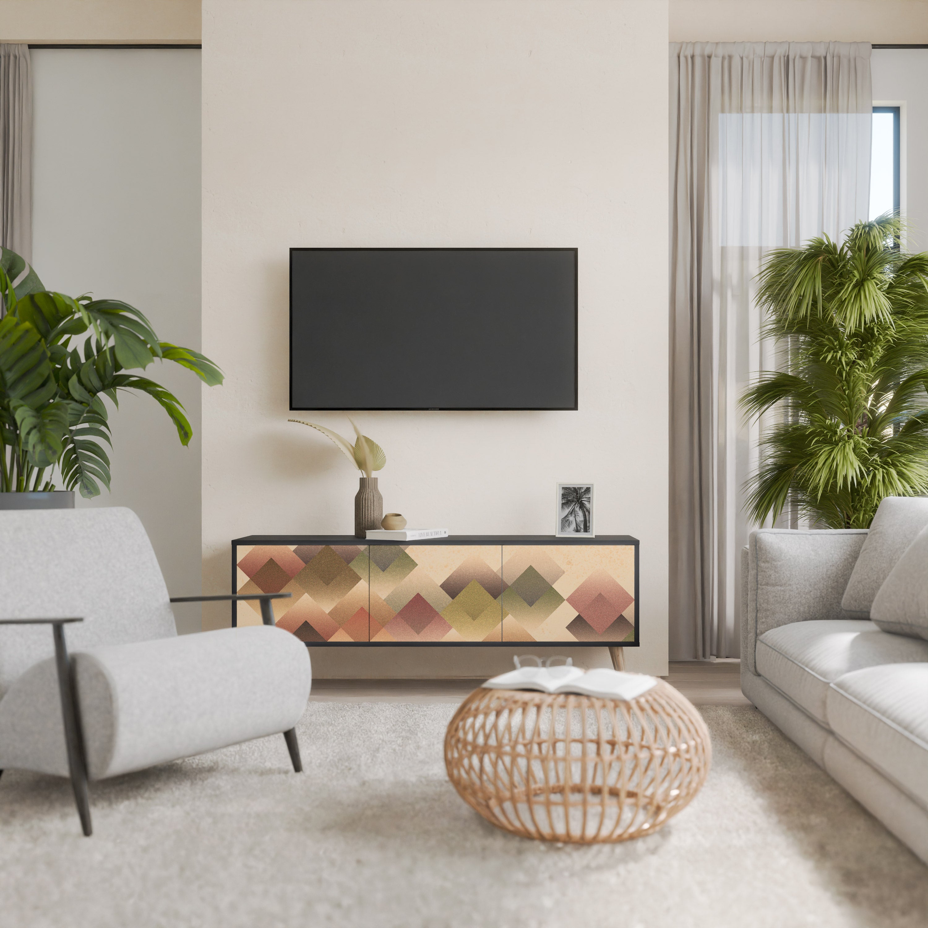 Mueble de TV GEOMETRIC FUSION de 3 puertas con acabado negro