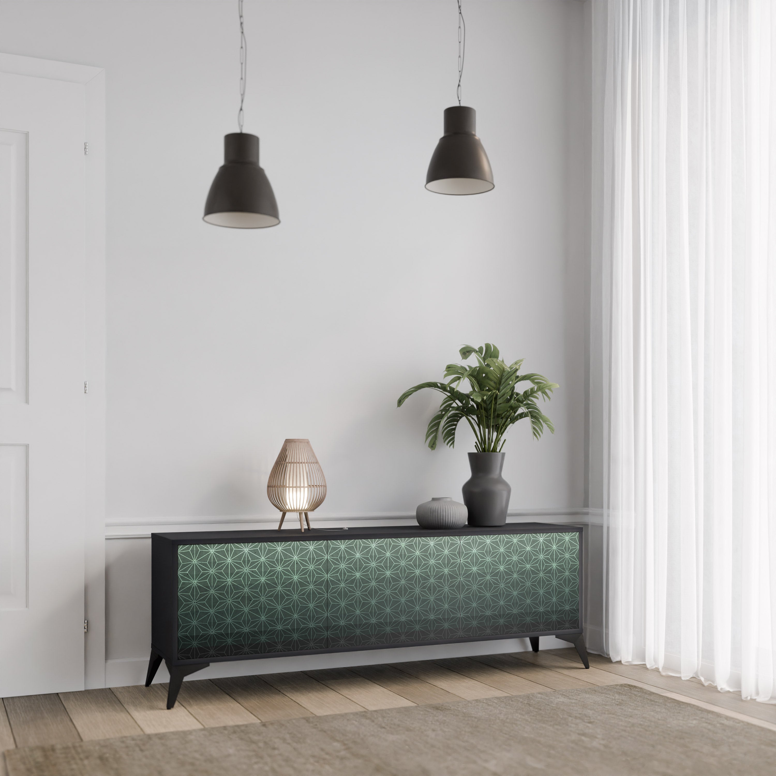 Mueble de TV de 3 puertas ORNAMENTAL GLIMMER con acabado negro