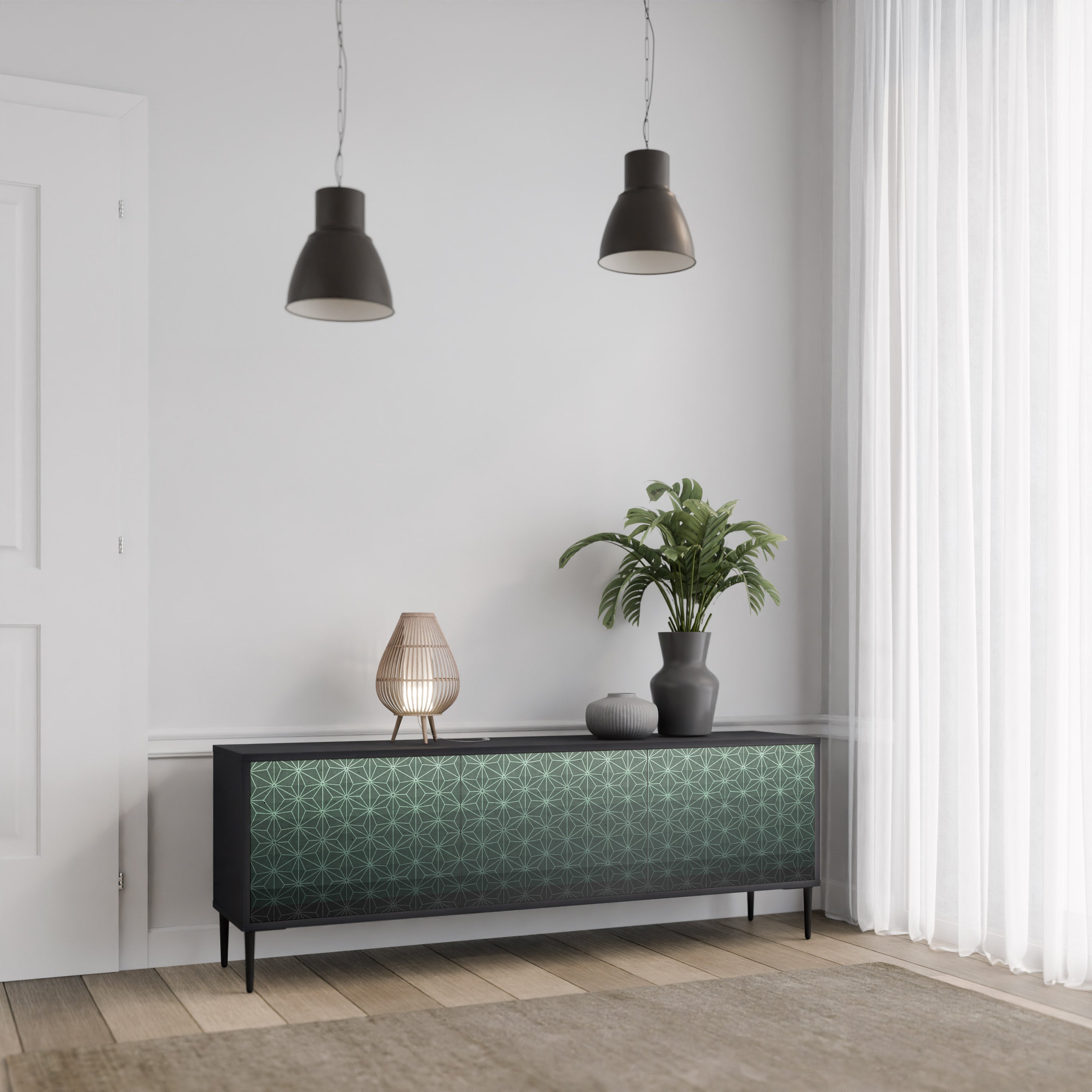 Mueble de TV de 3 puertas ORNAMENTAL GLIMMER con acabado negro