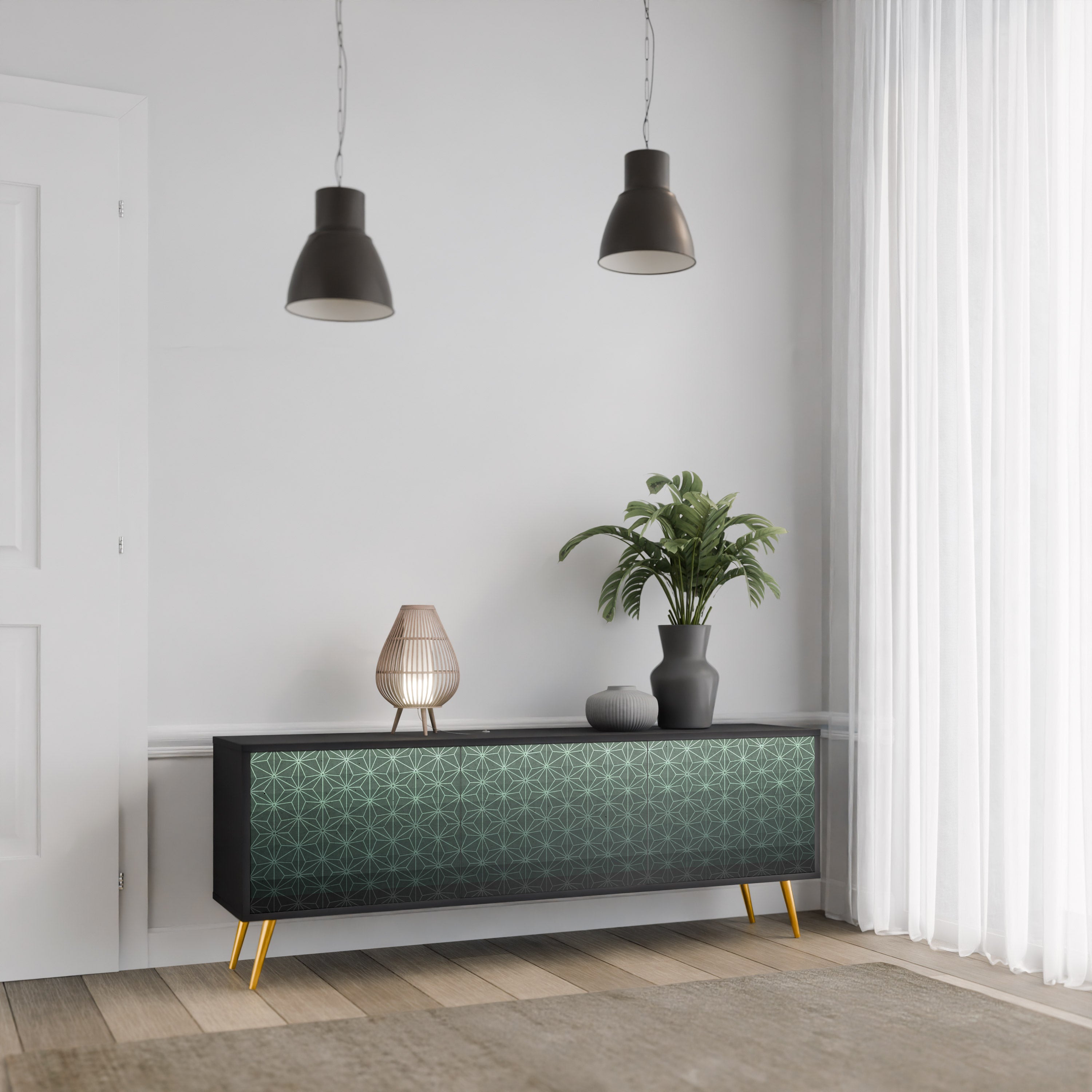 Mueble de TV de 3 puertas ORNAMENTAL GLIMMER con acabado negro