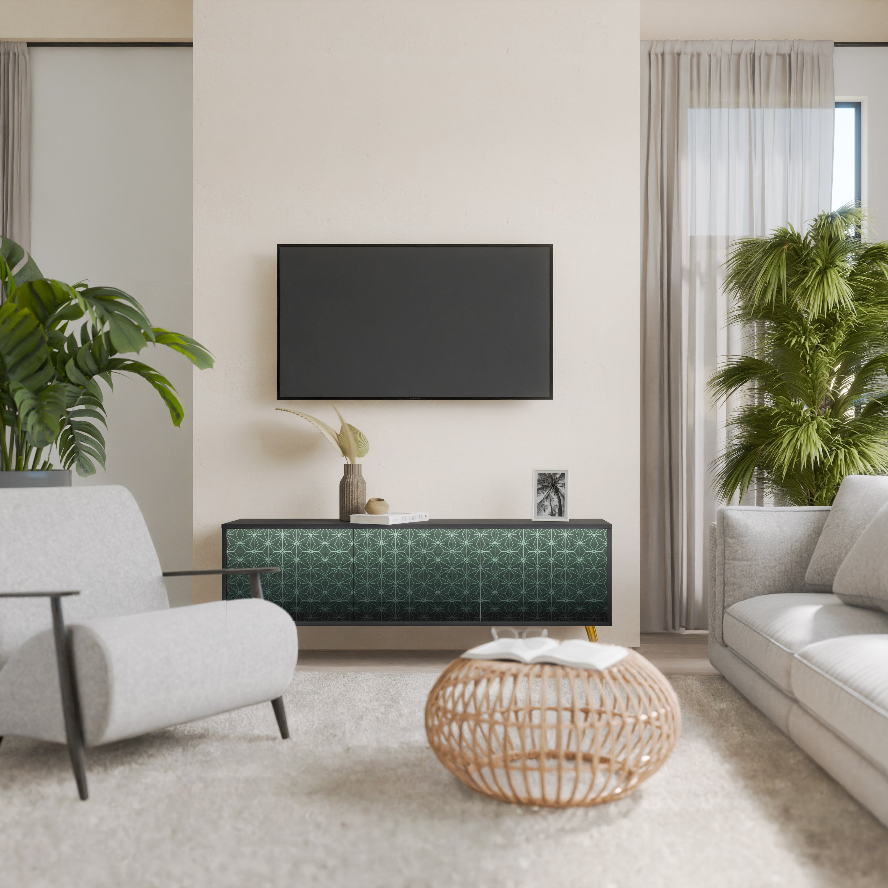 Mueble de TV de 3 puertas ORNAMENTAL GLIMMER con acabado negro