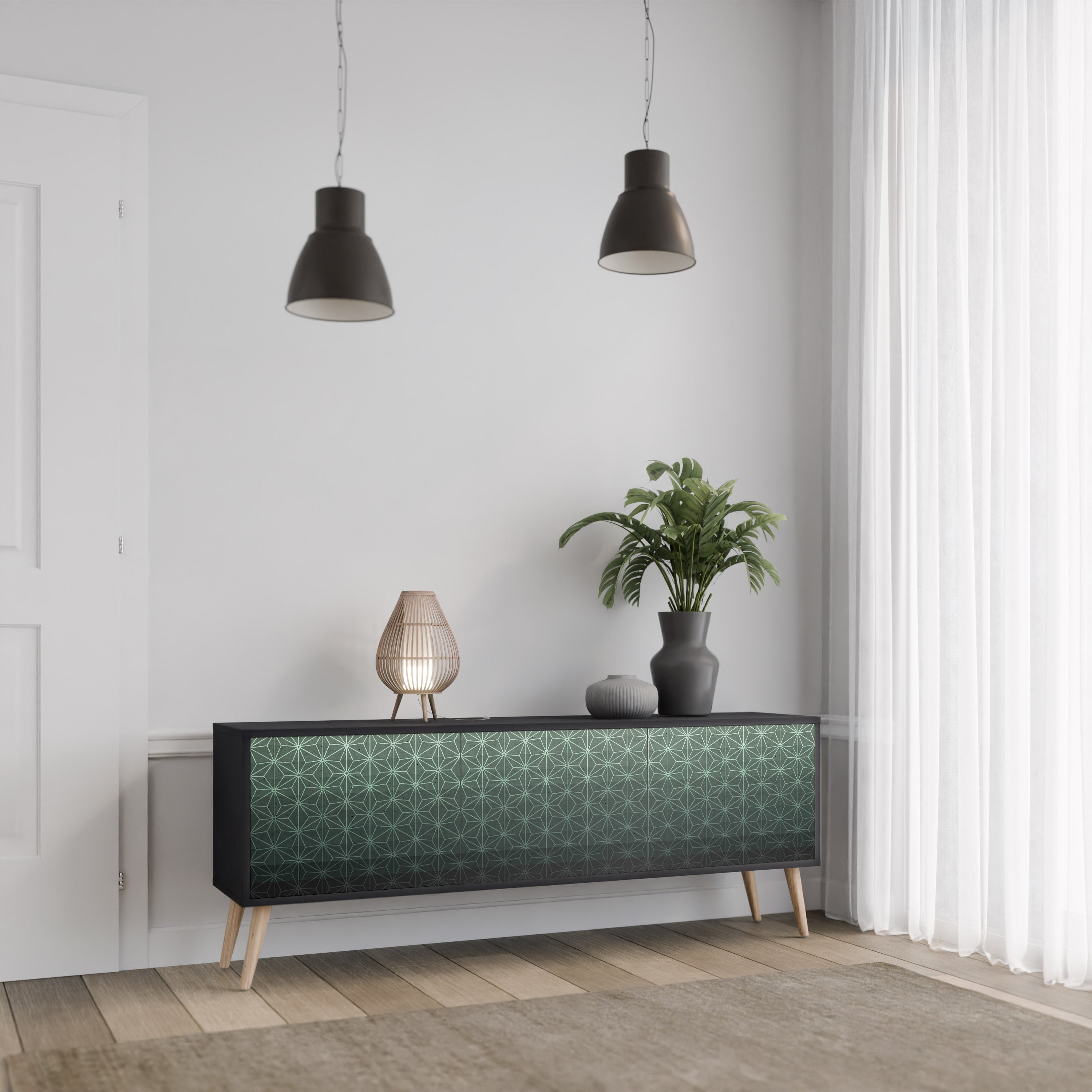 Mueble de TV de 3 puertas ORNAMENTAL GLIMMER con acabado negro