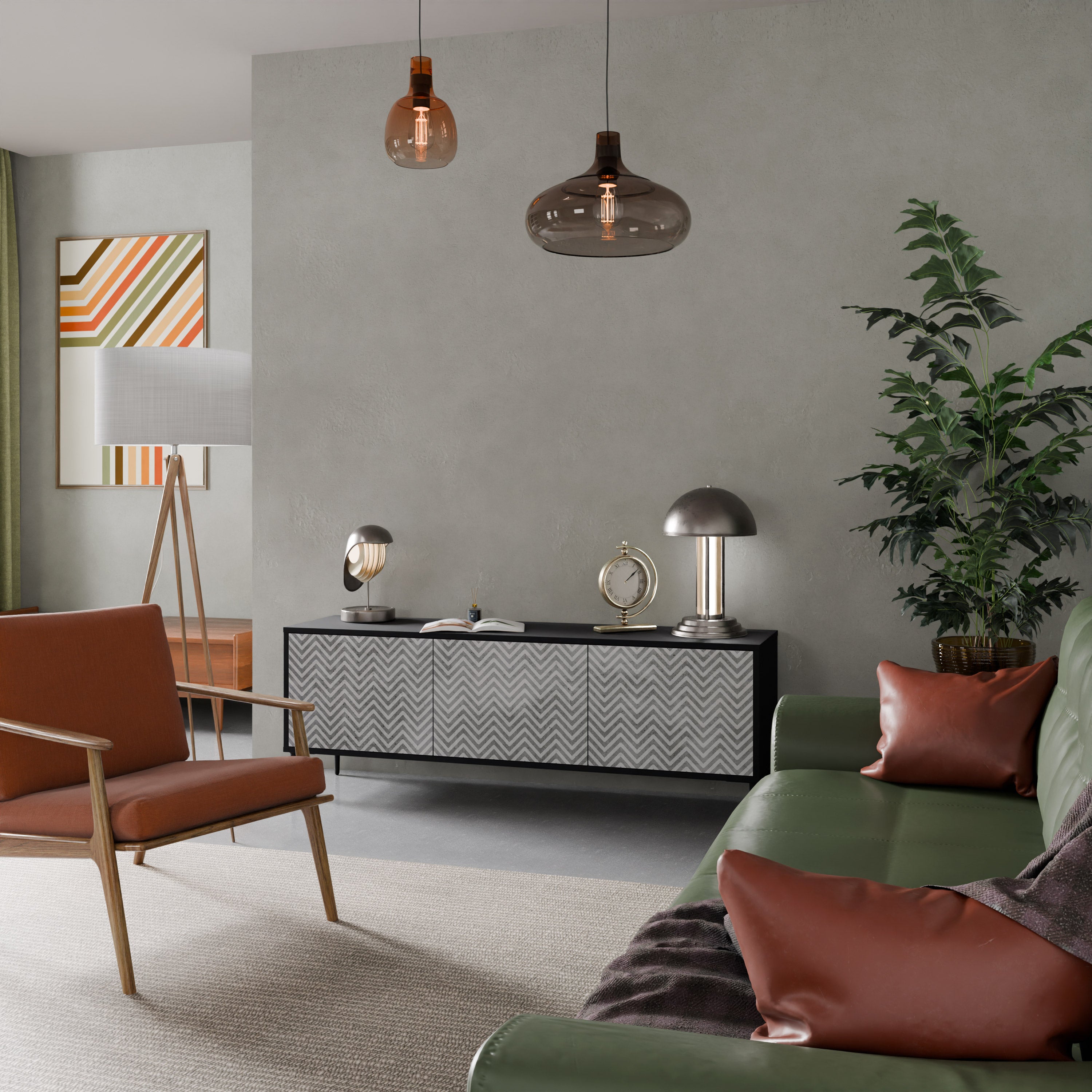 Mueble de TV CONCRETE ZIG ZAG de 3 puertas con acabado negro