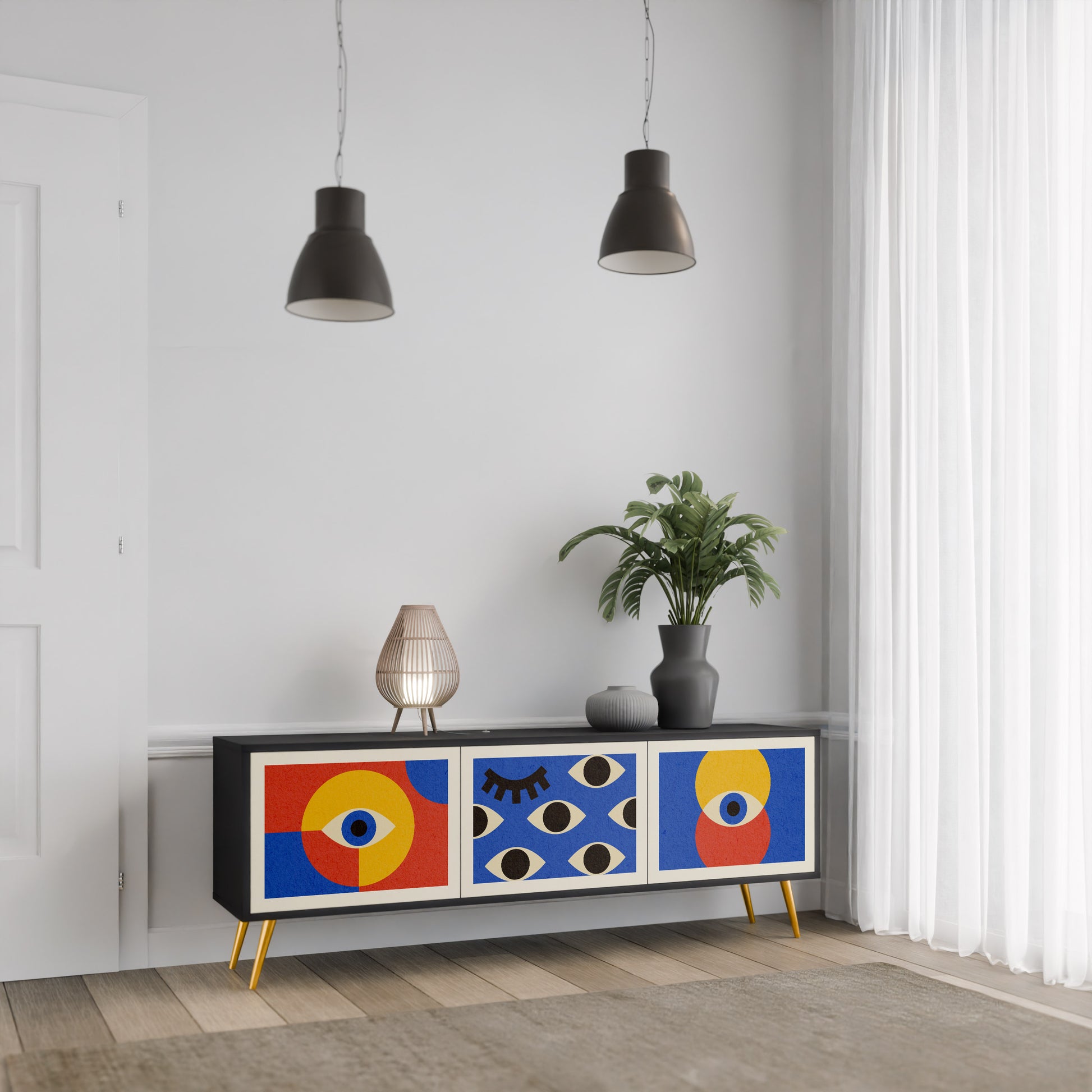 Mueble de TV de 3 puertas GEOMETRIC EYES en acabado negro